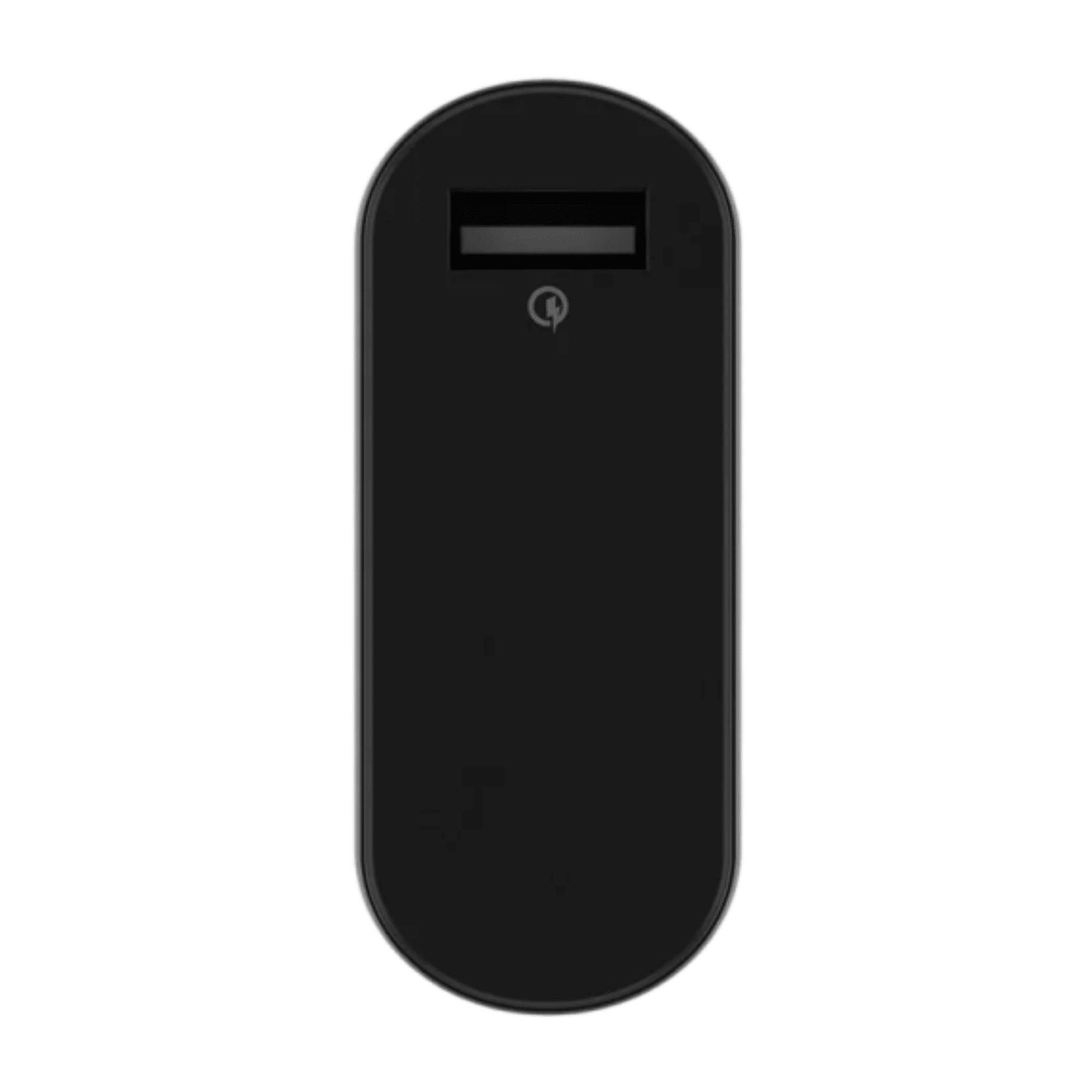 Schwarzer USB-Ladegerät mit einem USB-Anschluss und einem Schnellladezeichen.