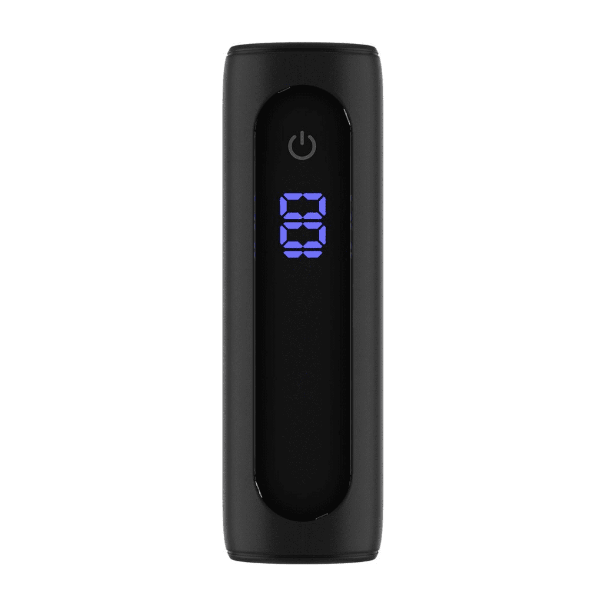 Schwarzes Gerät mit Power-Symbol und blauer Digitalanzeige.