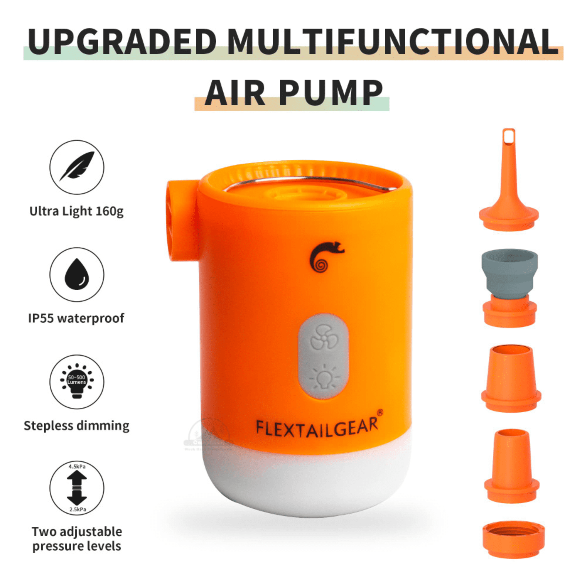 Orange und weiße Luftpumpe mit Zubehörteilen und Funktionssymbolen.