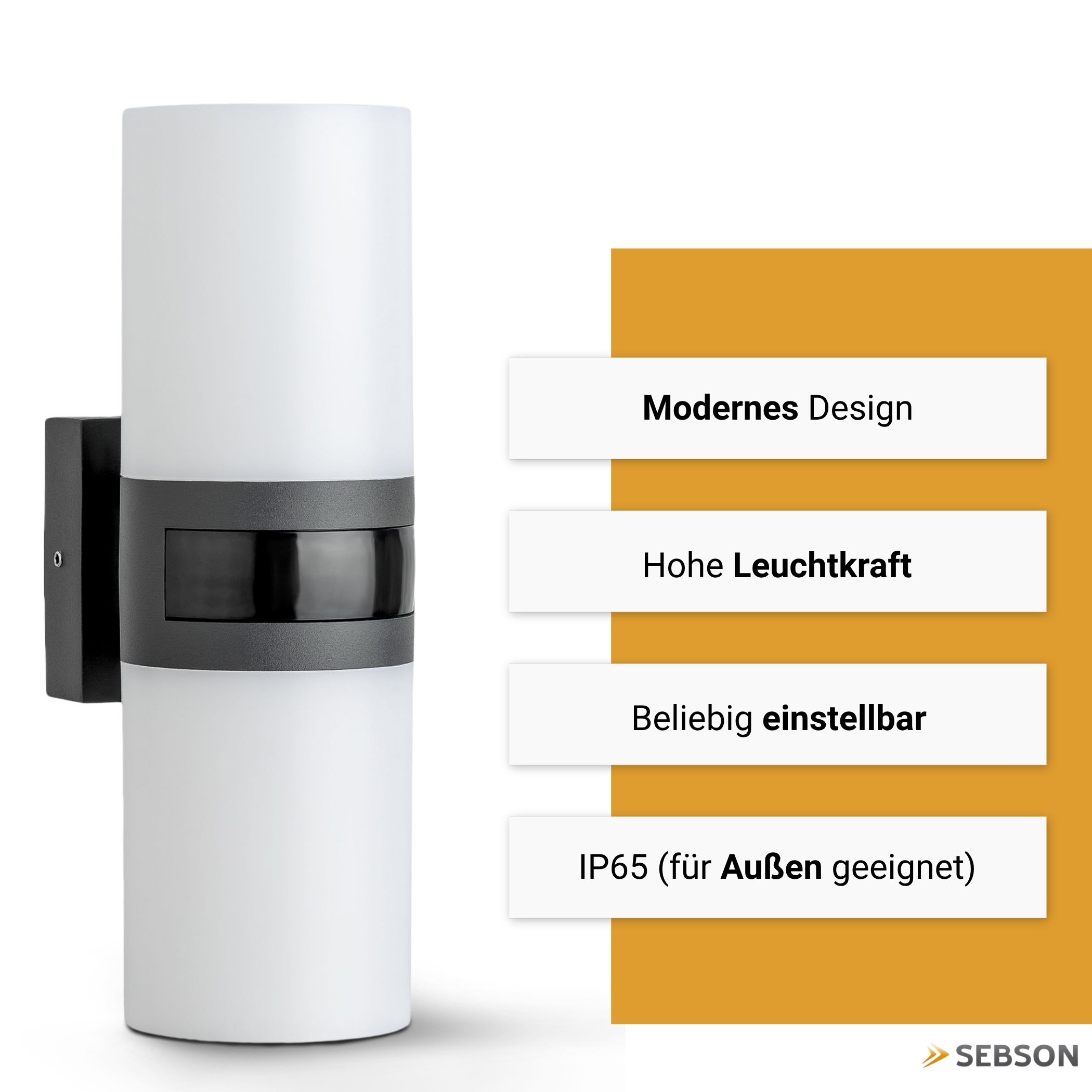 Moderne Wandleuchte mit grauem Akzent und Bewegungsmelder, IP65.