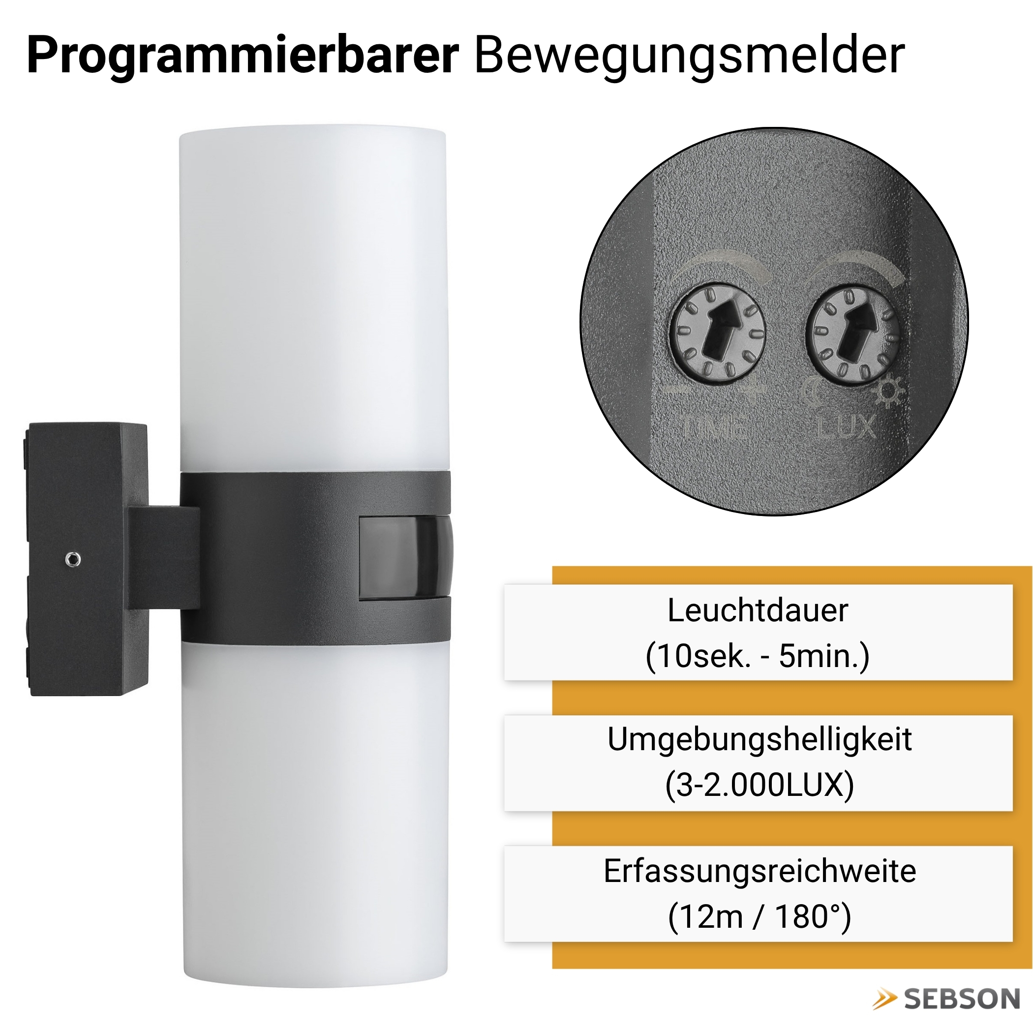 Schwarzer Bewegungsmelder mit weißem Lichtzylinder und Reglern.