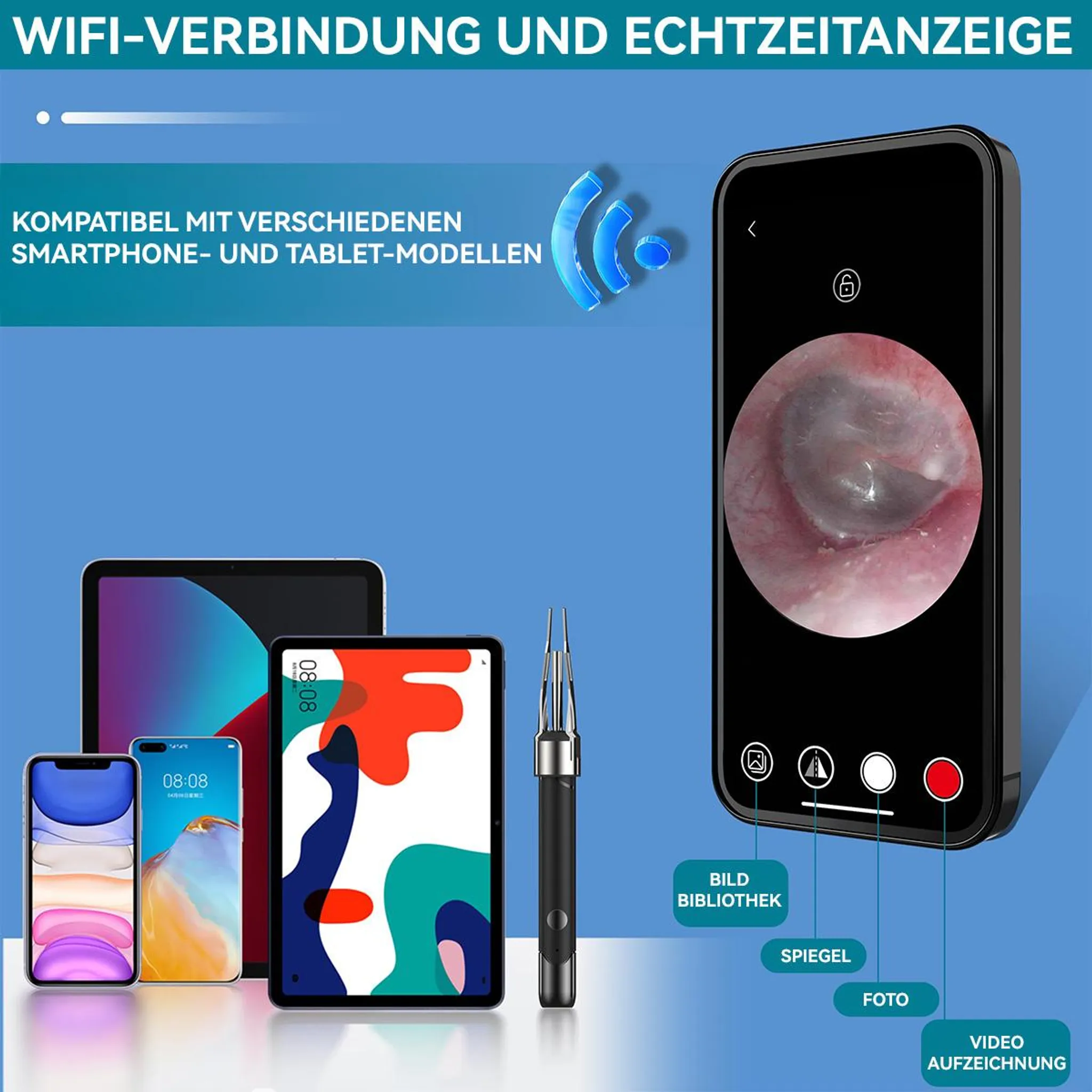 Smartphone mit Ohrbild, verschiedene Geräte und Werkzeuge.