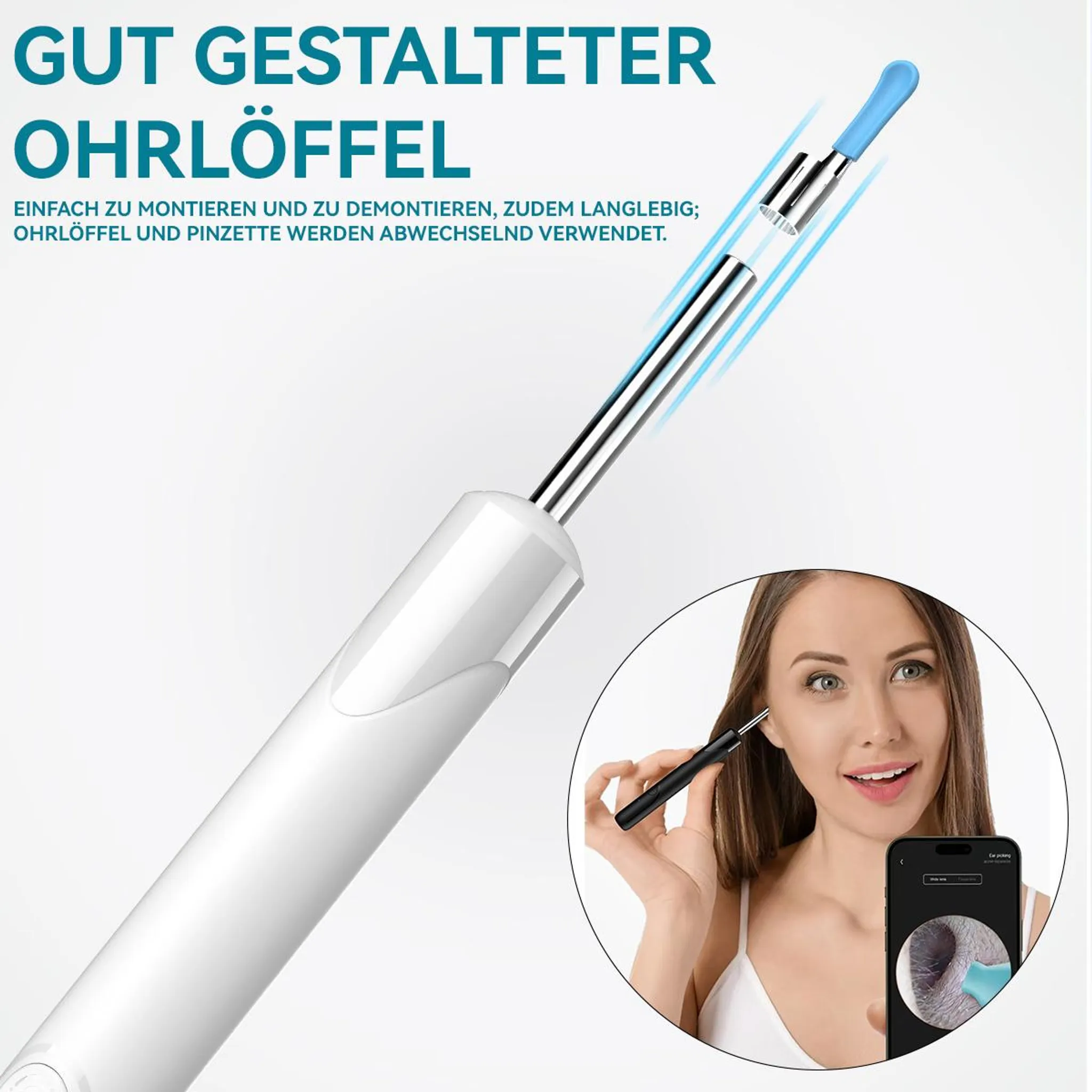 Ein weißes Ohrenschmalzentfernungswerkzeug mit blauem Aufsatz und einer Frau, die es benutzt.