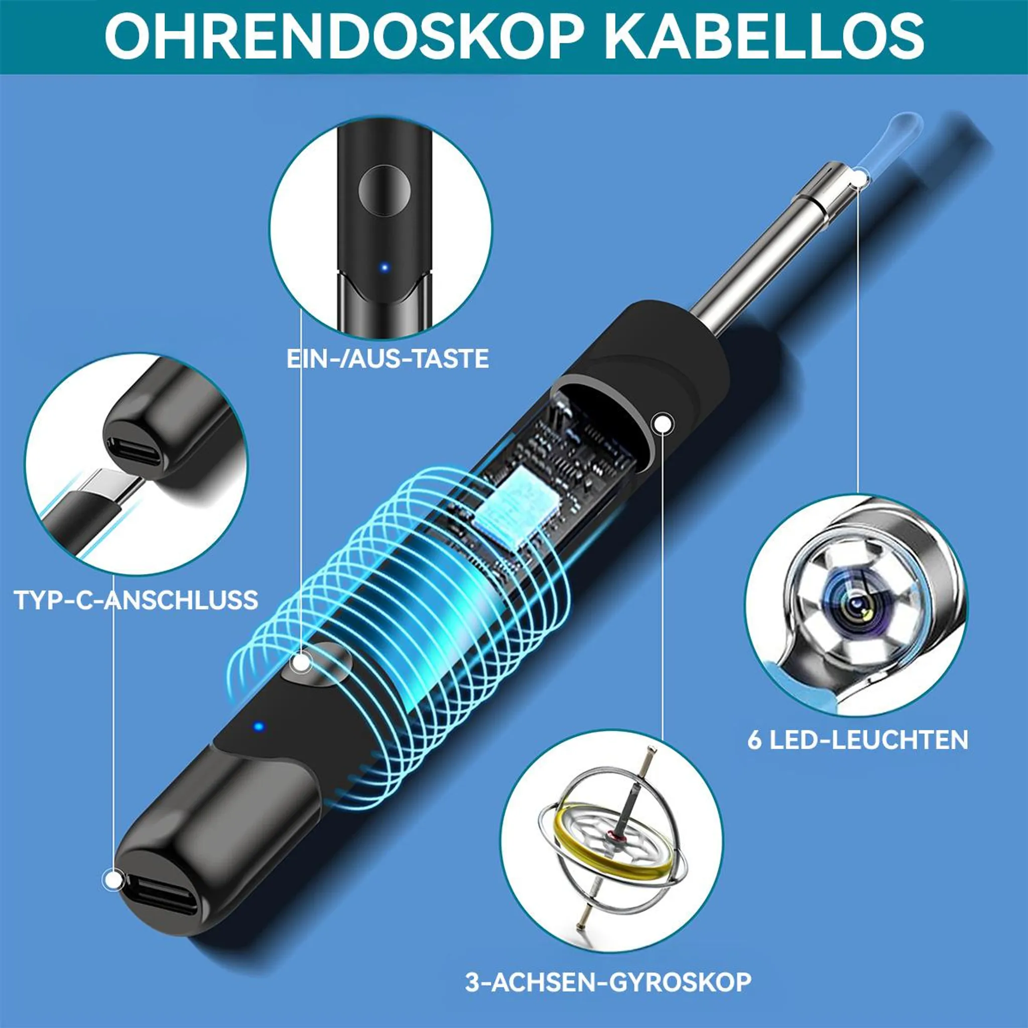 Kabelloses Otoskop mit USB-C, Ein-/Aus-Taste, 6 LEDs und Gyroskop.
