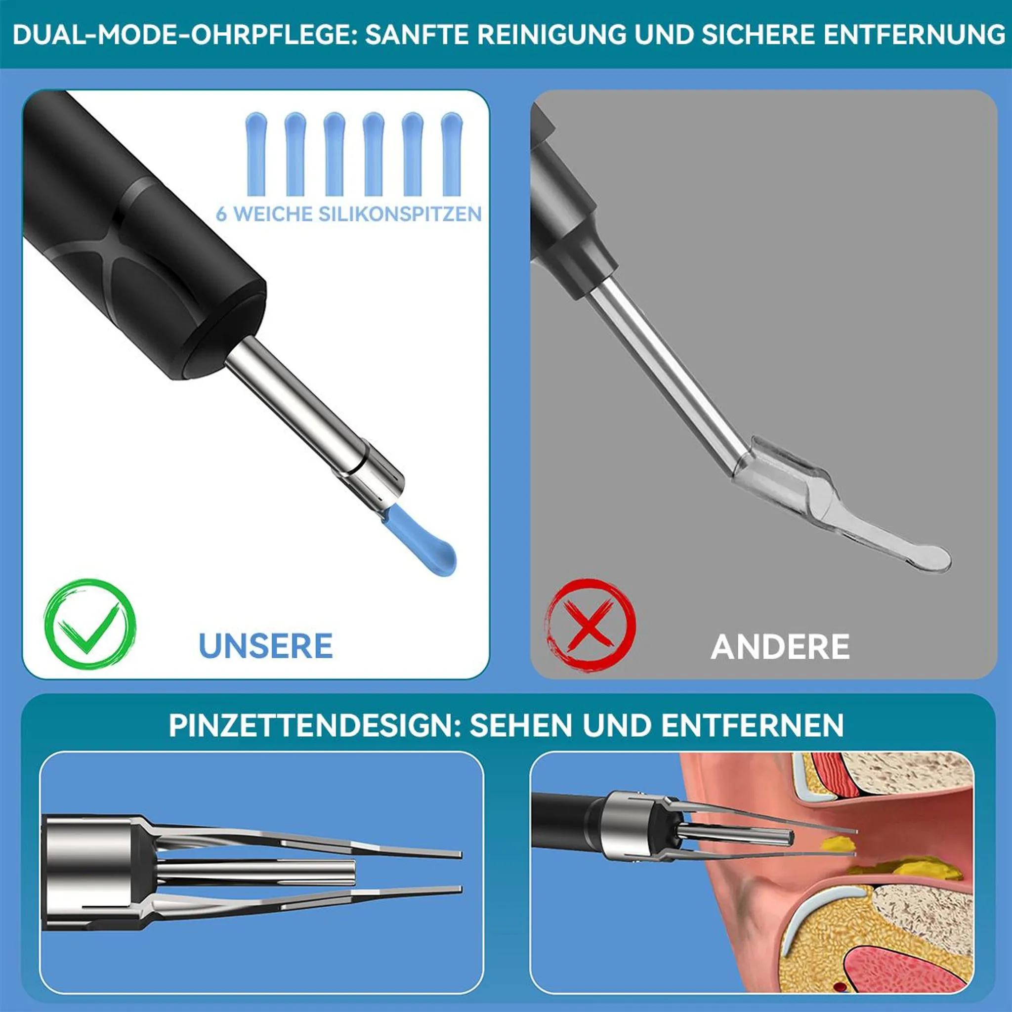 Ohrenreiniger mit Silikonspitzen und Pinzette im Vergleich.