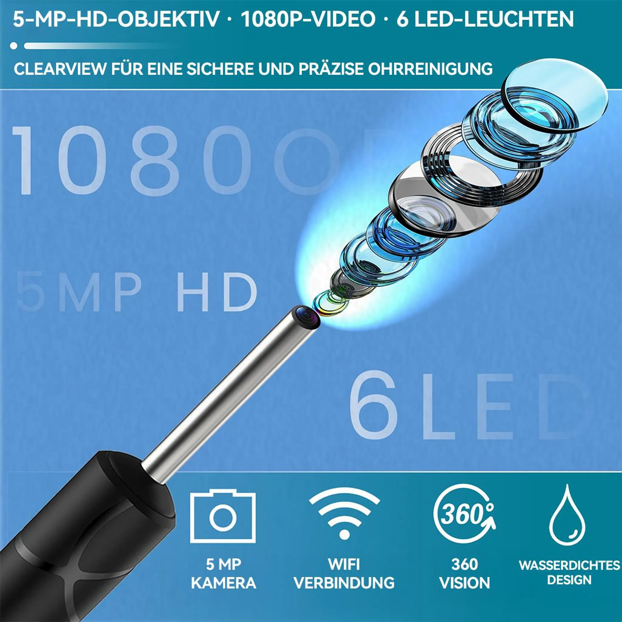 Ein Ohrreinigungsinspektionskamera mit 5 MP HD, 1080p Video, 6 LEDs.