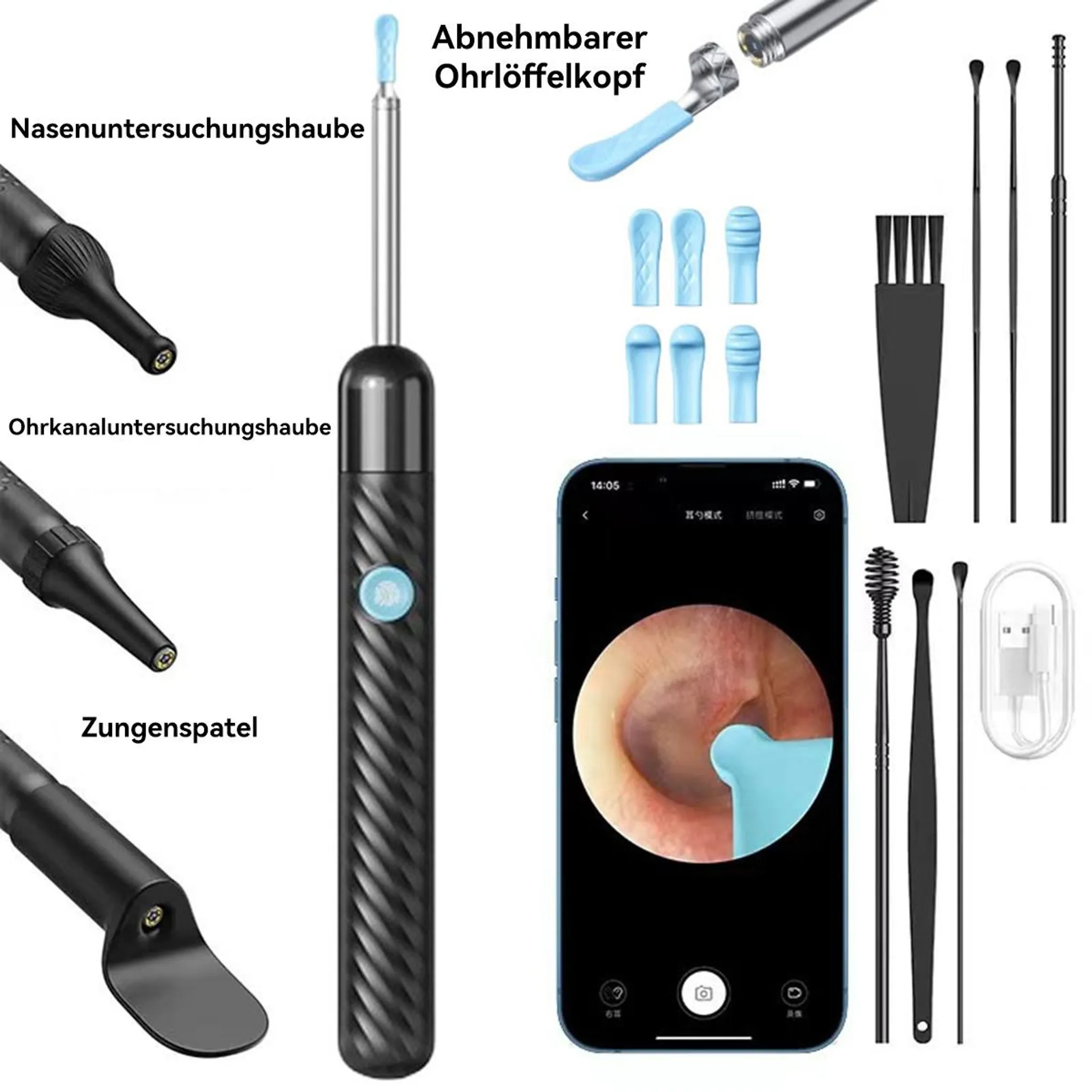Ein Otoskop-Kit mit Zubehör: Kamera, Aufsätzen, Zungen- und Ohrspateln.