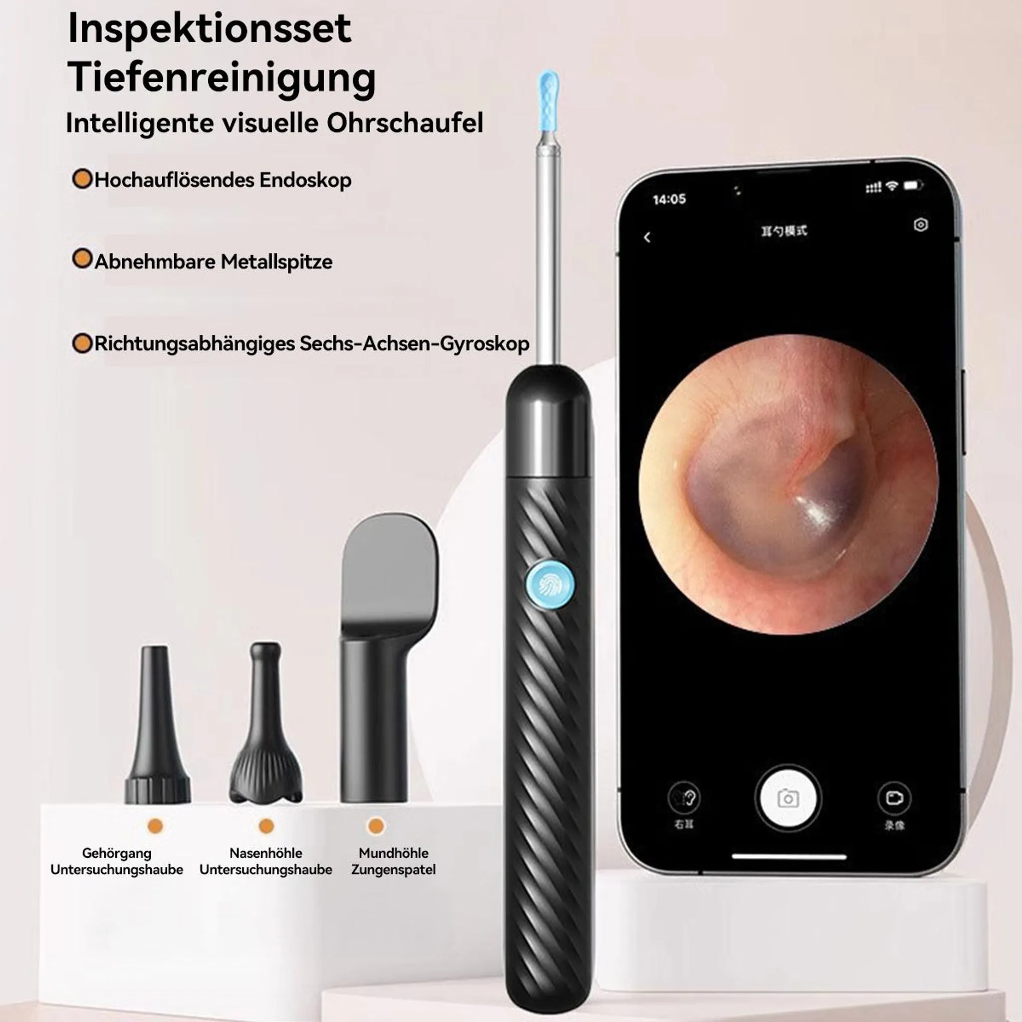 Ein visuelles Otoskop-Set mit verschiedenen Aufsätzen und einer Smartphone-App-Ansicht.