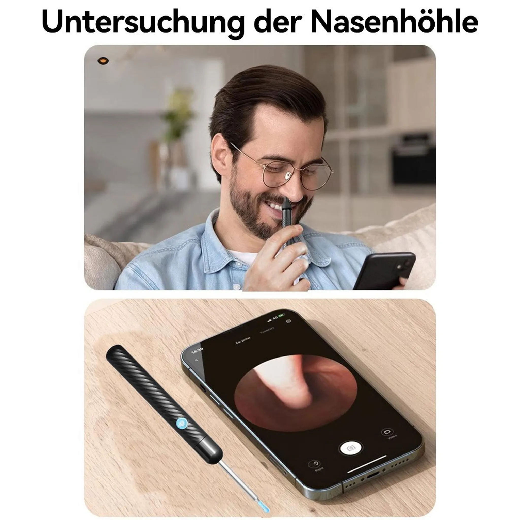 Mann untersucht Nase mit Gerät, das Bild auf Smartphone zeigt.