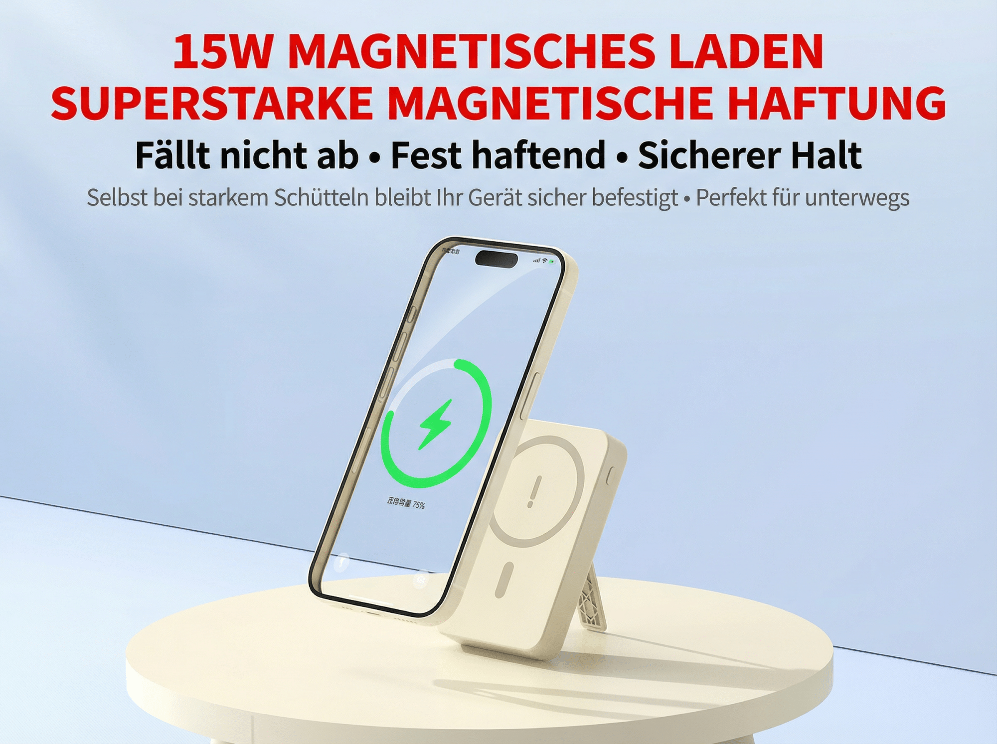 Ein weißes magnetisches Ladegerät mit einem Handy, das darauf befestigt ist.