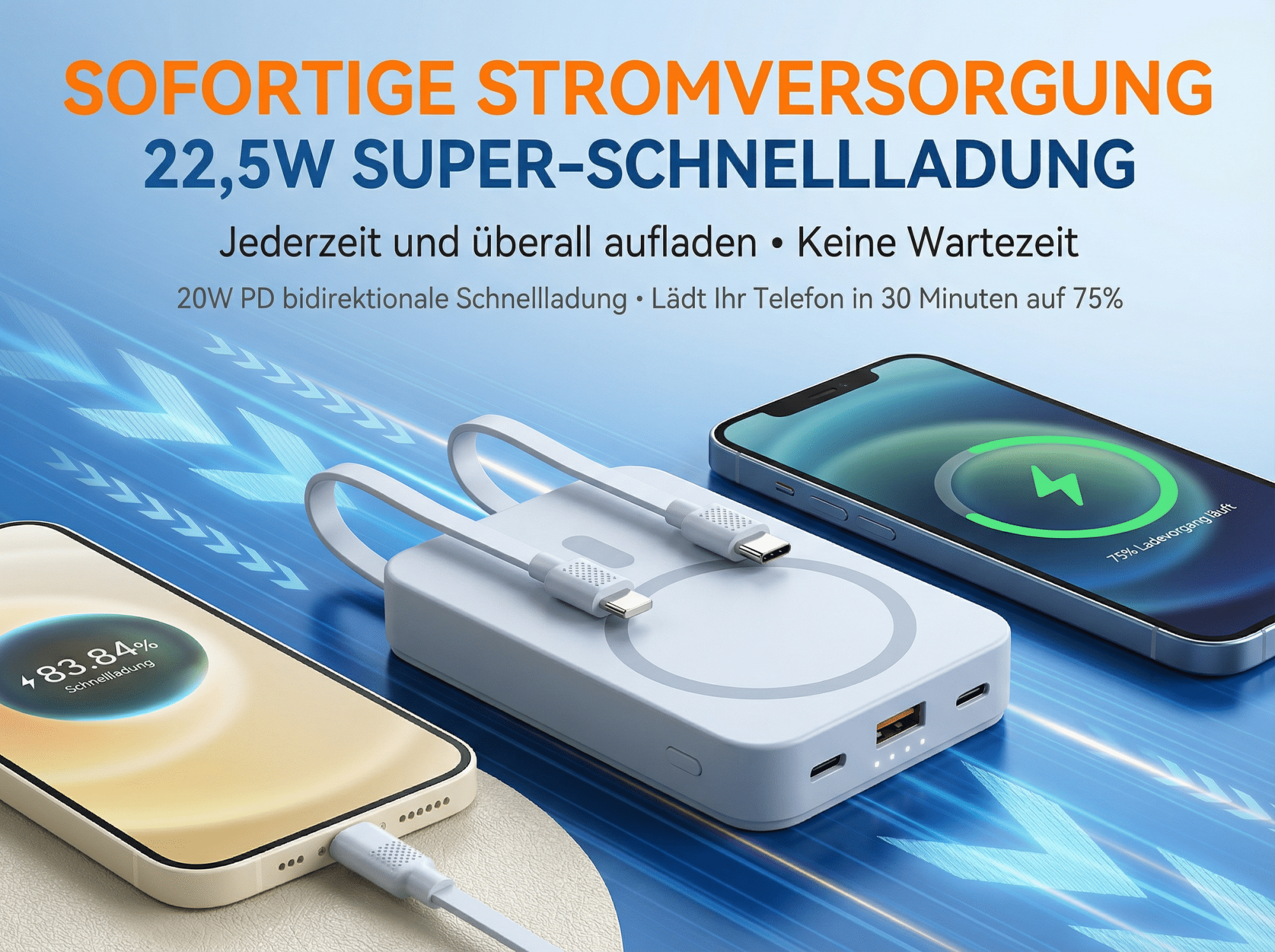 Weiße Powerbank mit zwei Handys, eines lädt mit 83,84%, das andere mit 75%.