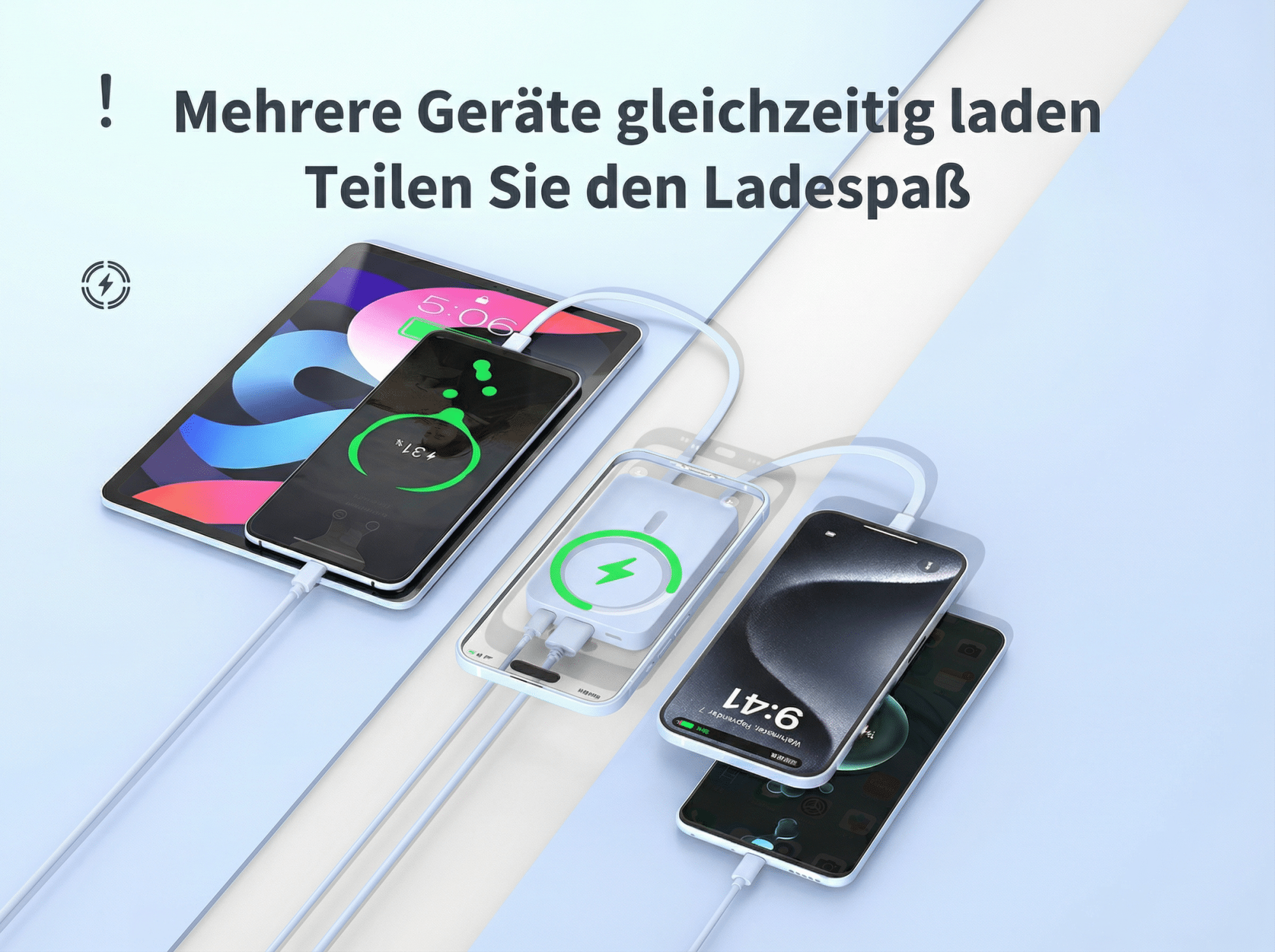 Mehrere Geräte laden: Ein Tablet, zwei Smartphones, ein Ladegerät.