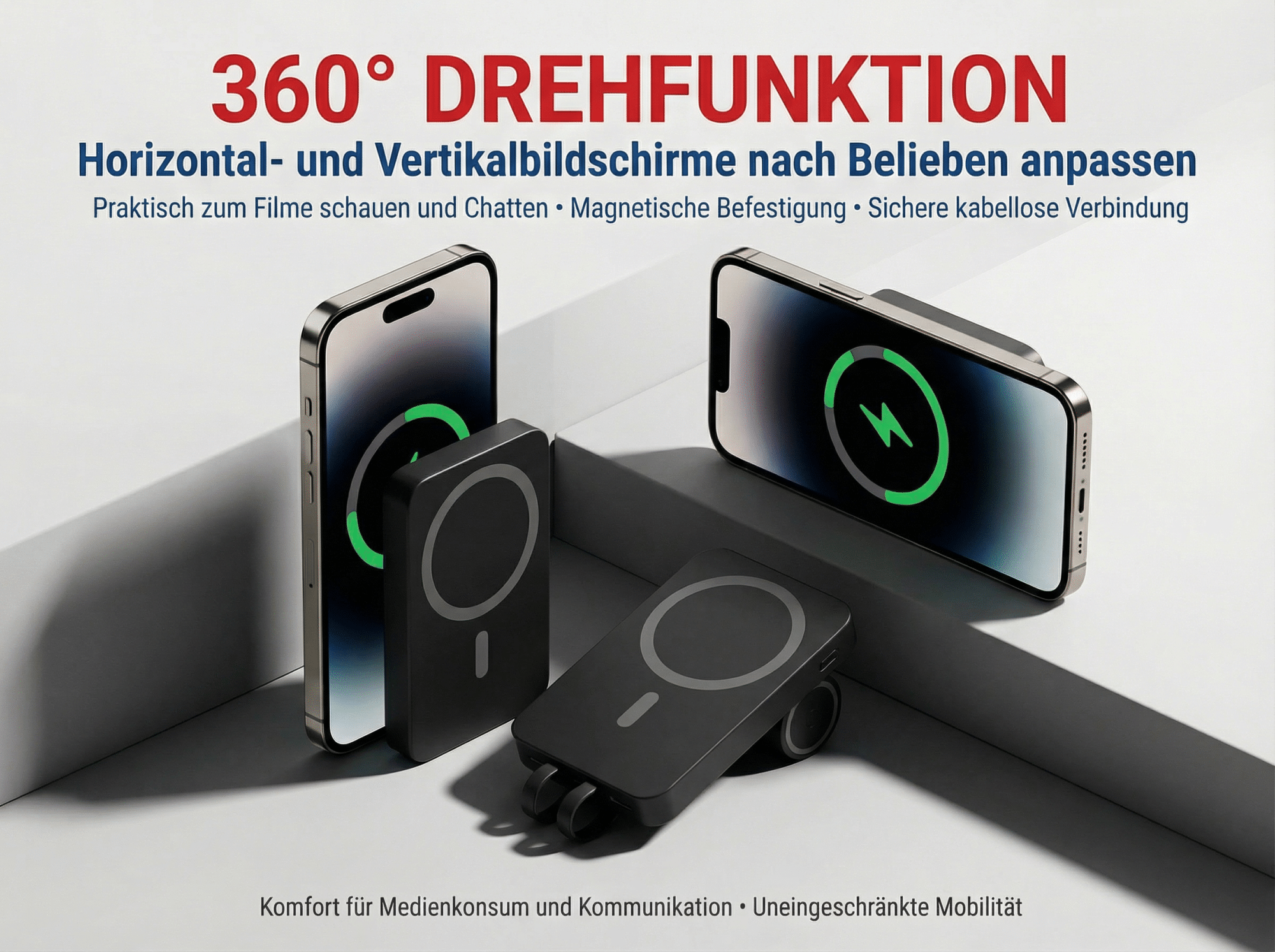 Zwei iPhones mit magnetischen Ladegeräten. 360° Drehfunktion.