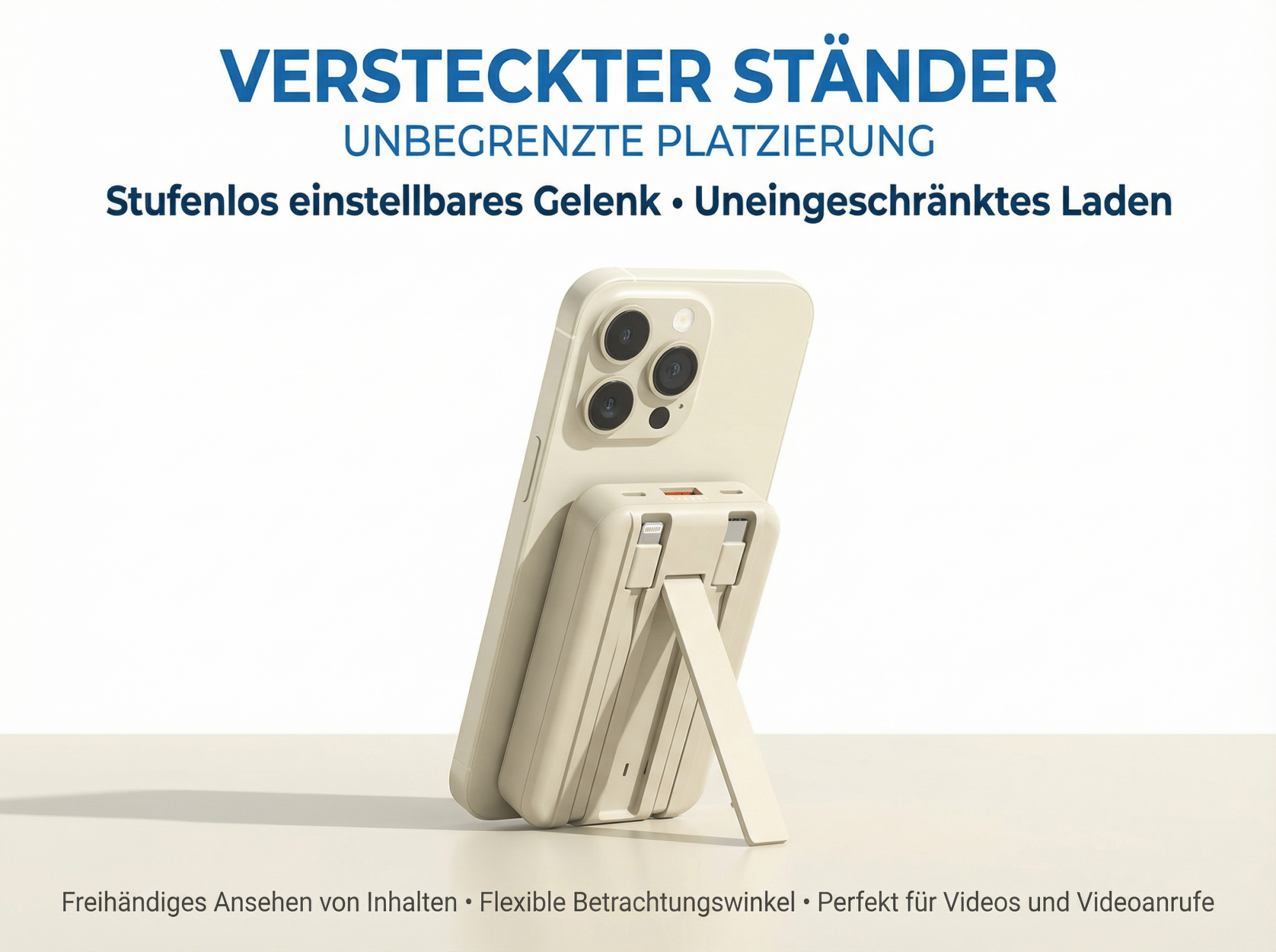 Ein hellbeiges Smartphone mit ausklappbarem Ständer und Ladeanschlüssen.