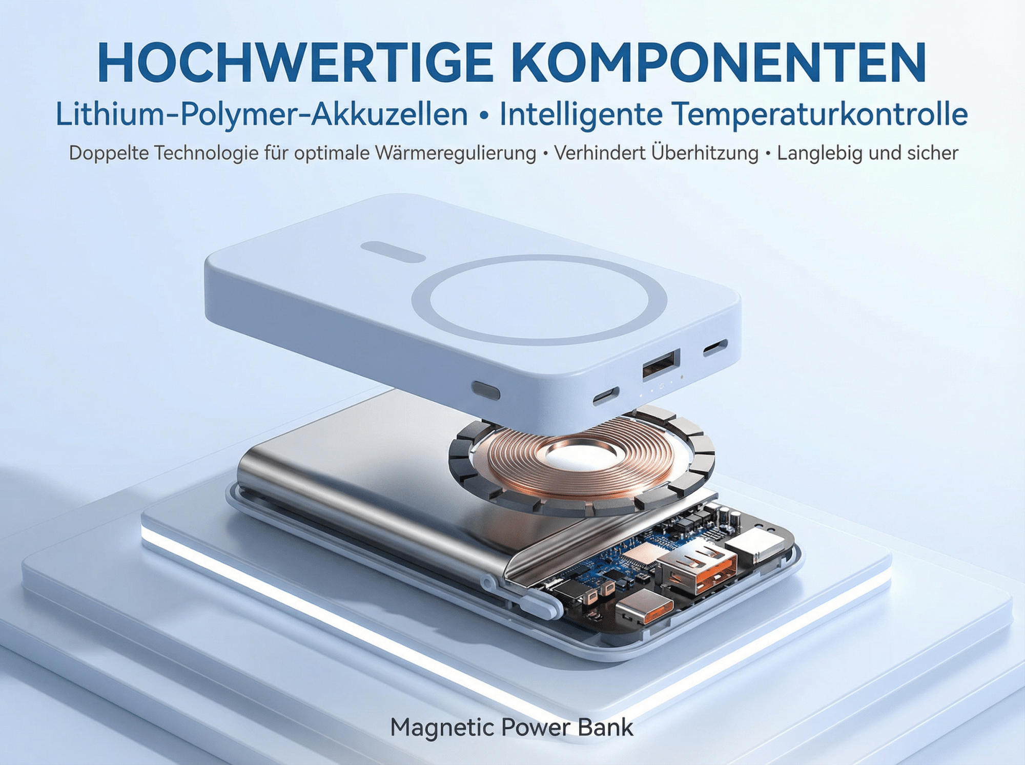 Ein aufgeschnittener Magnet-Powerbank mit sichtbaren Komponenten und Ladeanschlüssen.