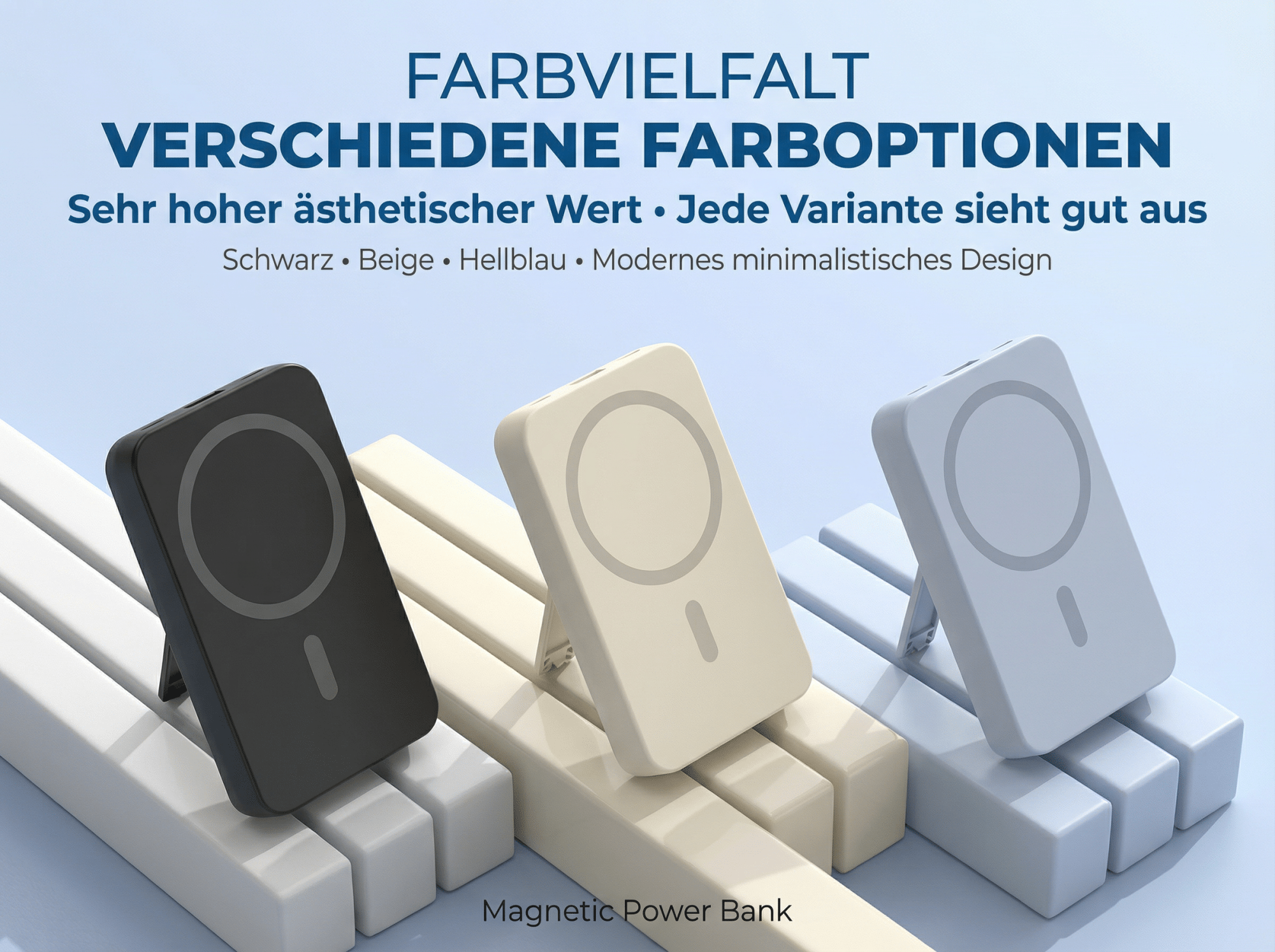 Drei magnetische Powerbanks in Schwarz, Beige und Hellblau auf Ständern.