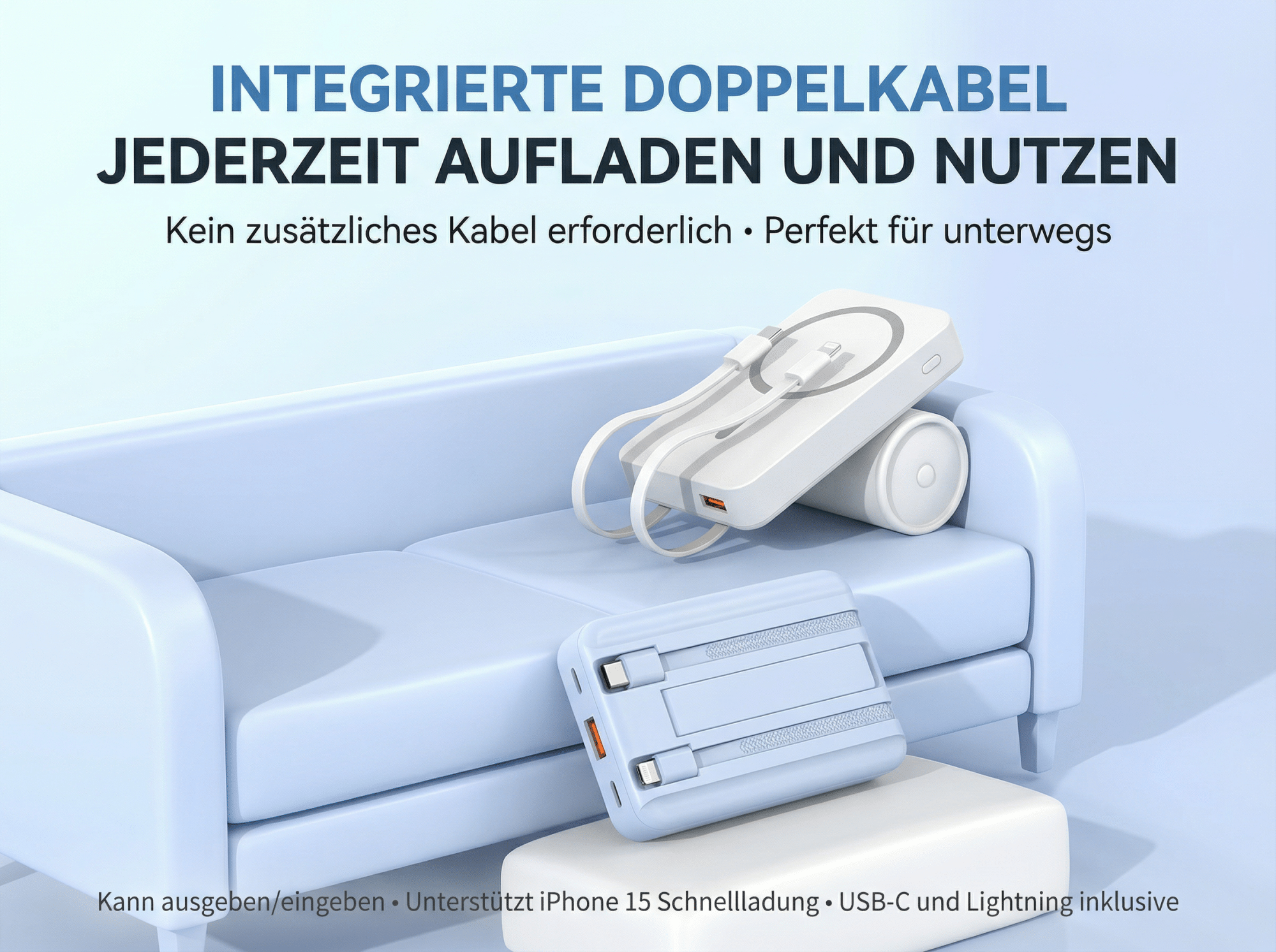 Zwei weiße Powerbanks auf blauem Sofa. Eine mit Kabeln, die andere mit integrierten Kabeln.
