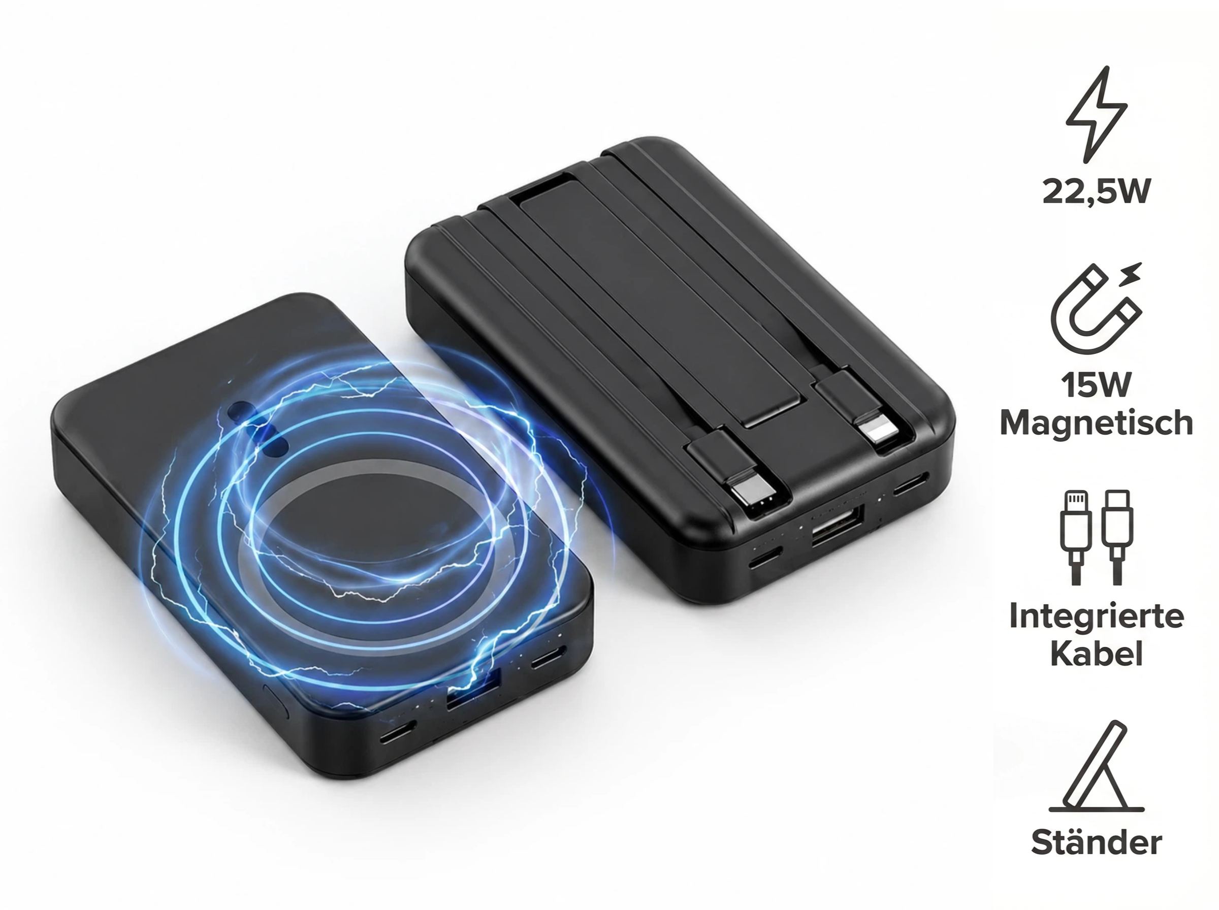 Zwei schwarze Powerbanks, eine mit blauen Ladeeffekten. Rechts sind Symbole für Watt, Magnetismus, Kabel und Ständer.
