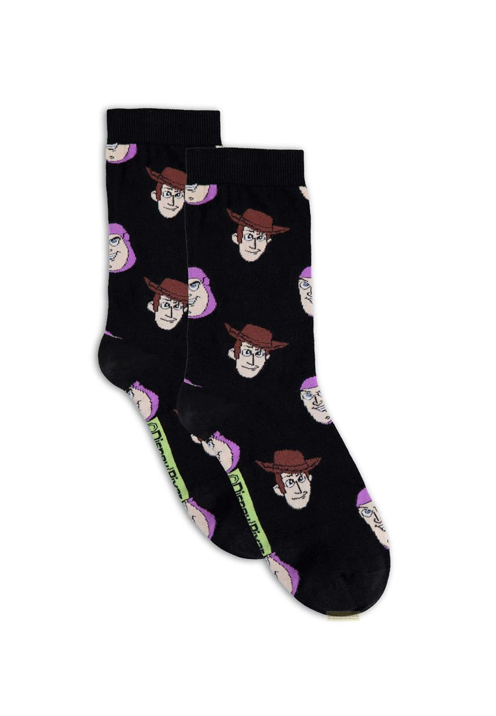 Schwarze Socken mit wiederholten Gesichtern von Woody und Jessie aus Toy Story.
