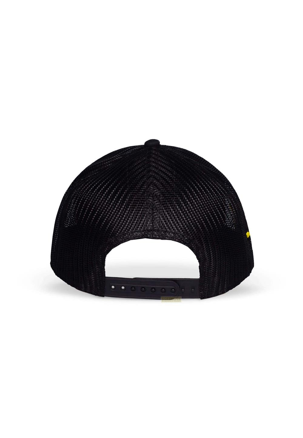 Gorra trucker negra con malla trasera y detalle amarillo al lado. Correa ajustable.