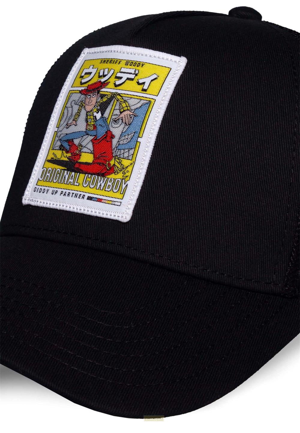 Gorra negra con parche de Sheriff Woody de Toy Story estilo cómic.