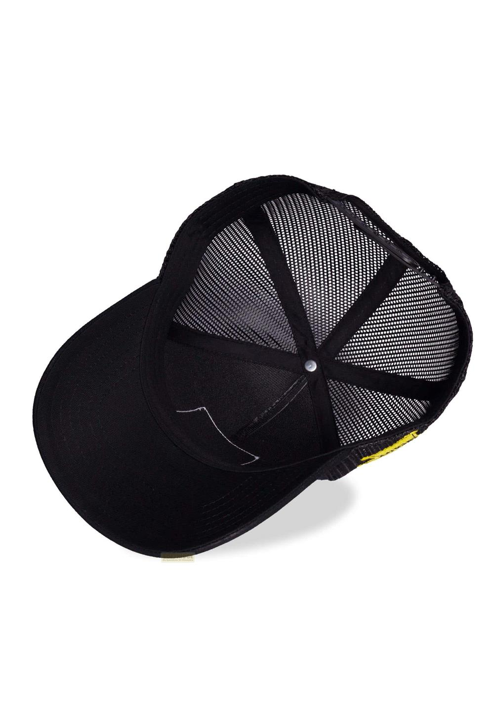 Gorra negra de camionero con malla trasera y detalle amarillo.
