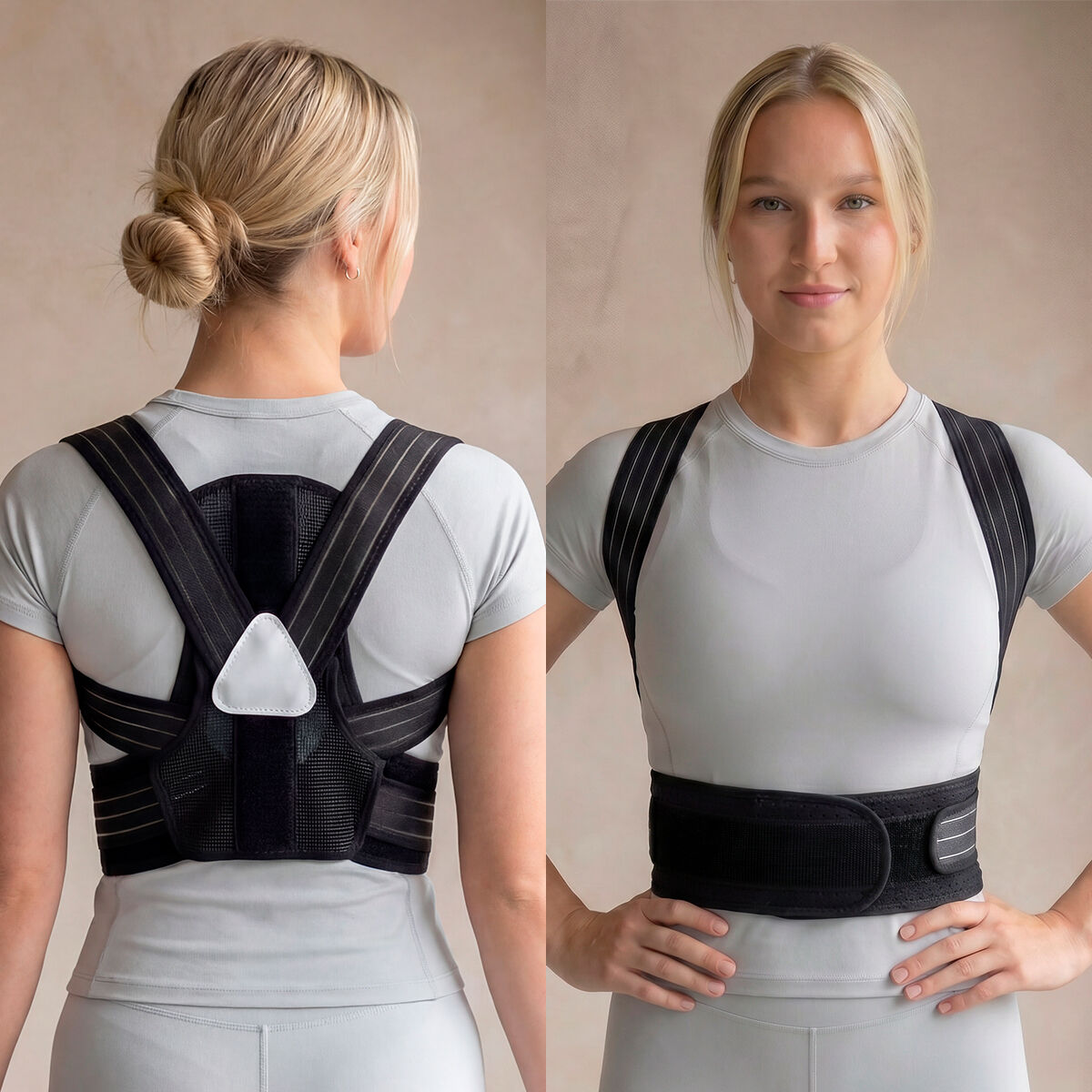 Mujer con corrector de postura, vistas frontal y trasera. Camiseta gris, fondo beige.