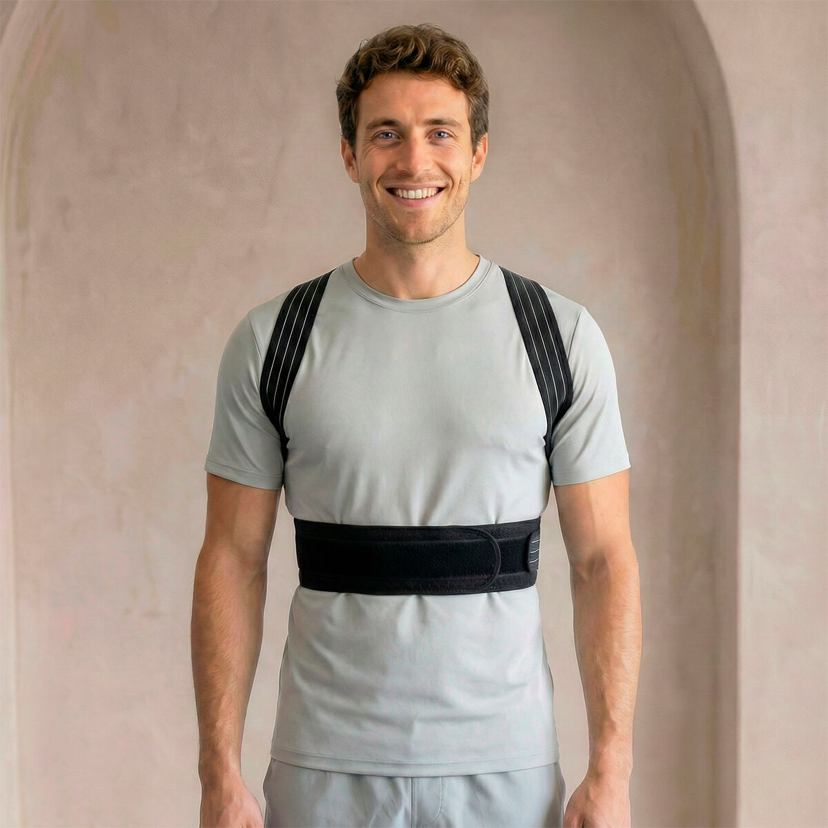 Hombre con corrector de postura sobre camiseta y pantalón grises.
