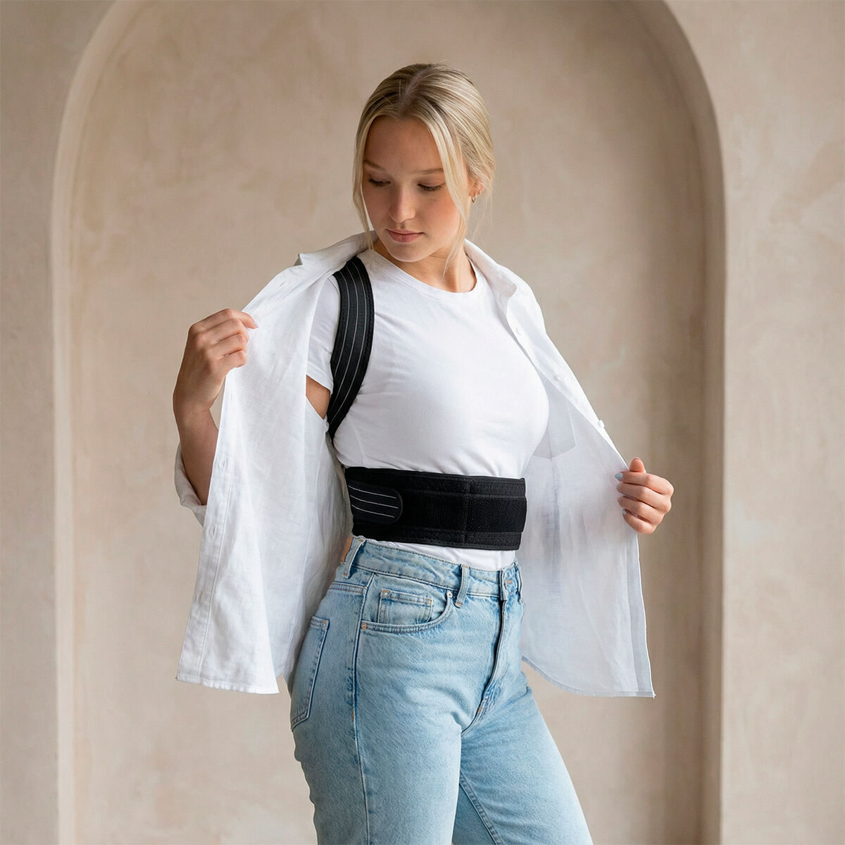 Mujer joven con corrector de postura bajo camisa blanca y jeans, ante fondo neutro.