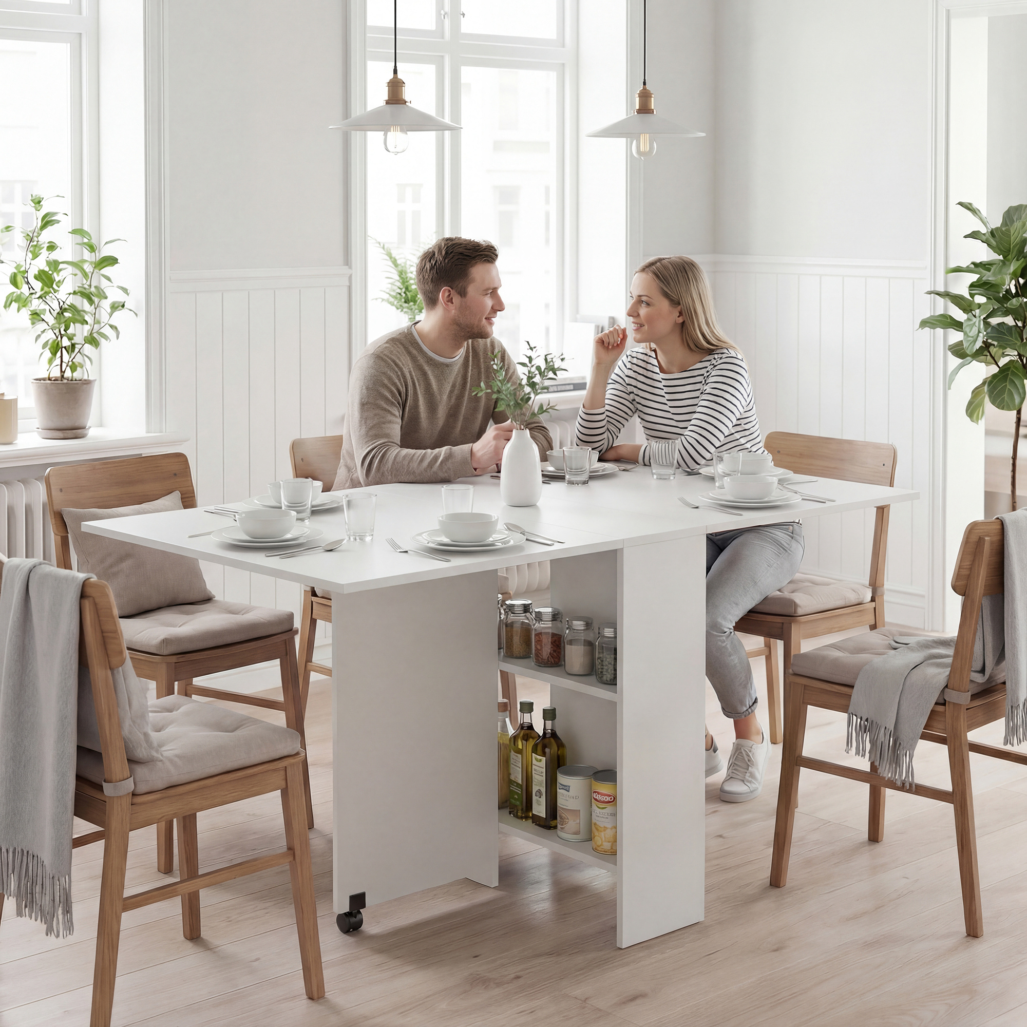 Una pareja se sienta en una mesa de comedor blanca con servicio, hablando.