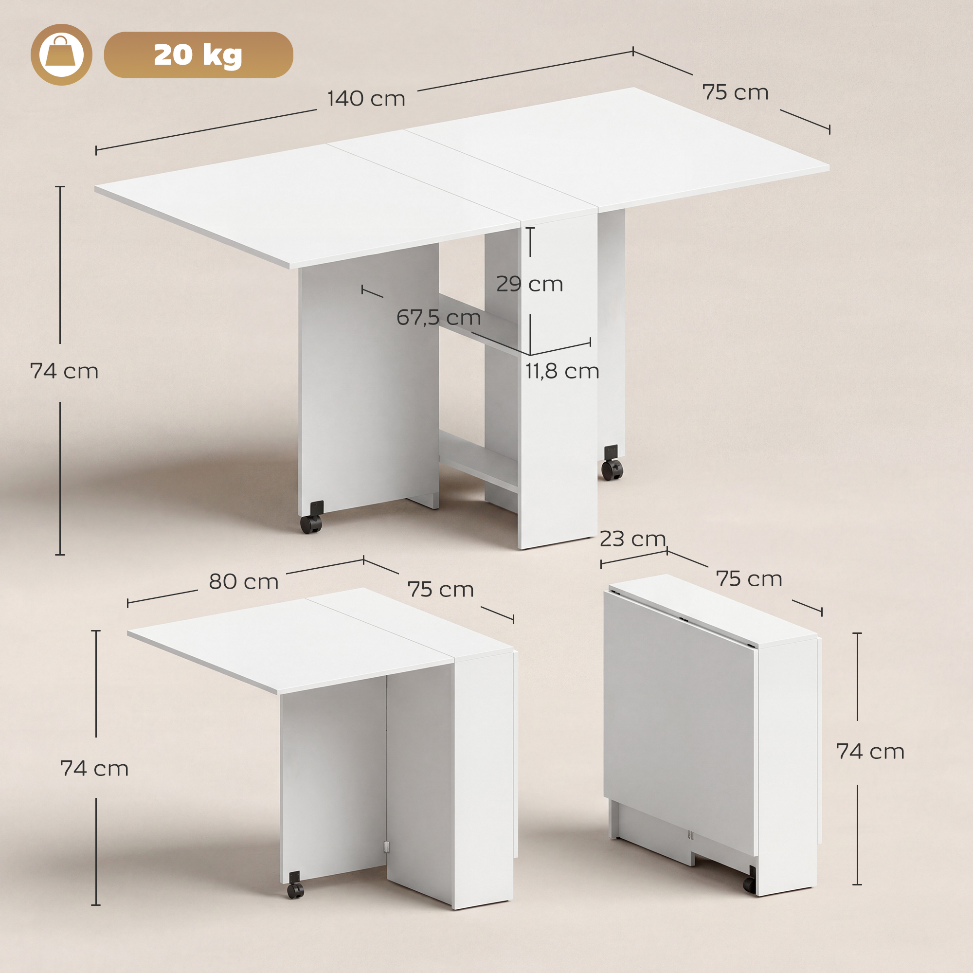 Una mesa plegable blanca con ruedas, dimensiones: 140x75x74 cm.
