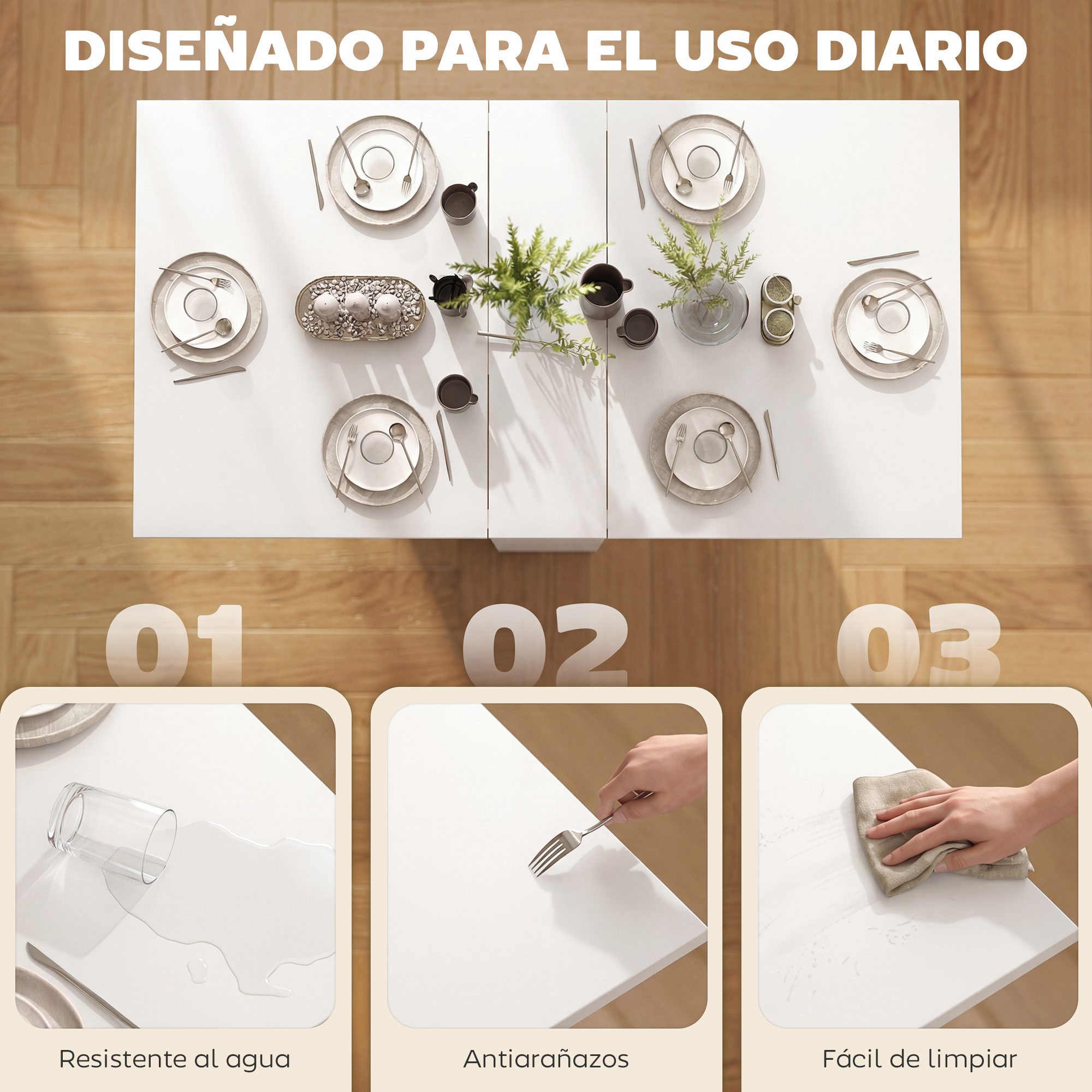 Un comedor blanco está puesto con platos, cubiertos y plantas. Debajo hay tres escenas: agua, rasguños y limpieza.
