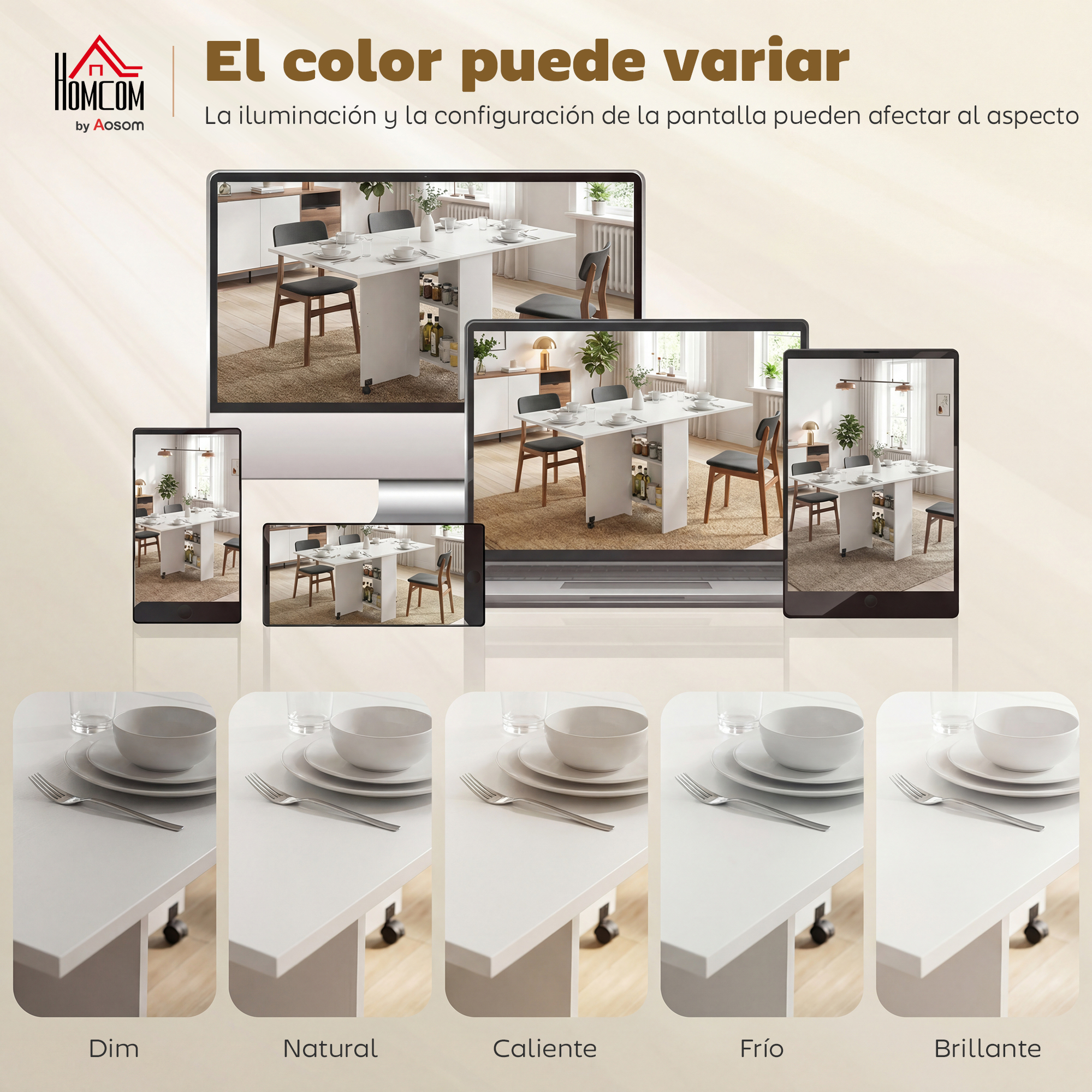Una mesa extensible con sillas se muestra en diferentes pantallas.