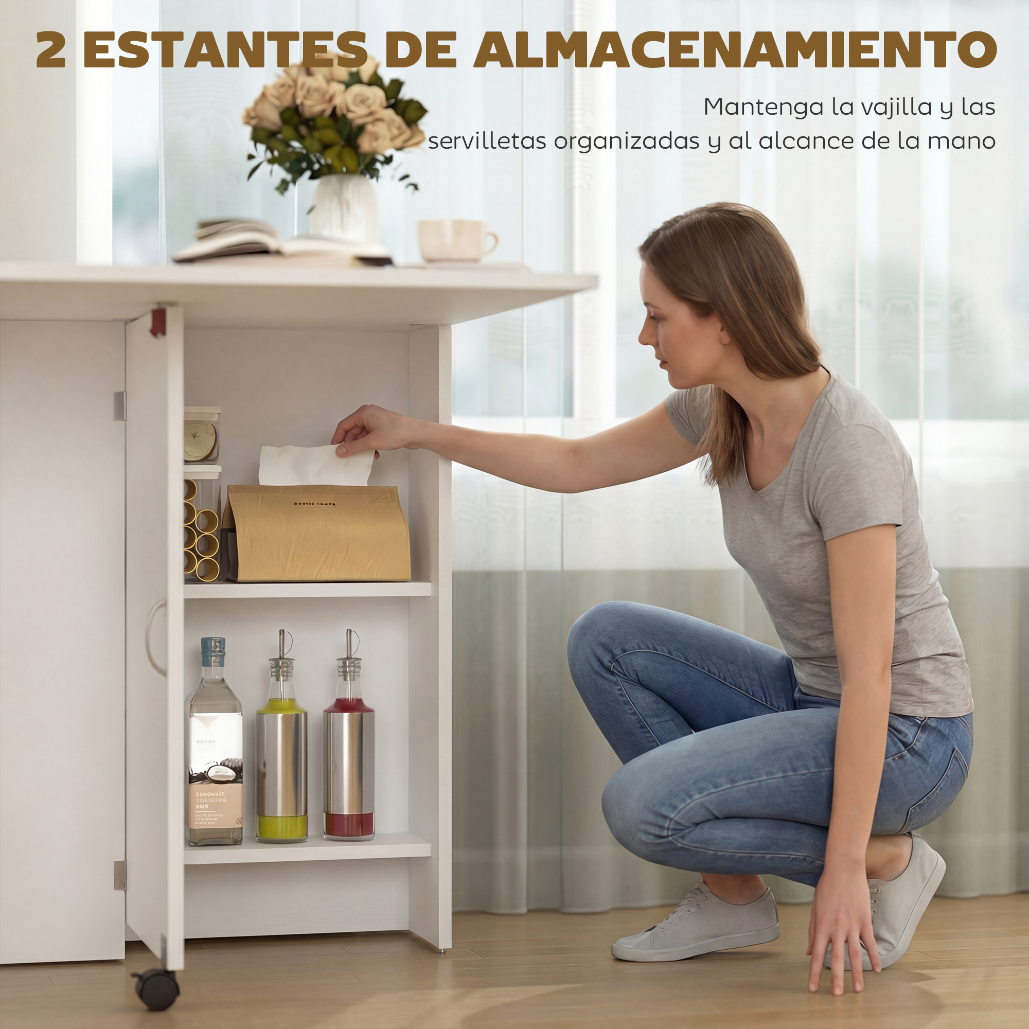 Mujer cogiendo servilletas de un estante blanco con botellas.