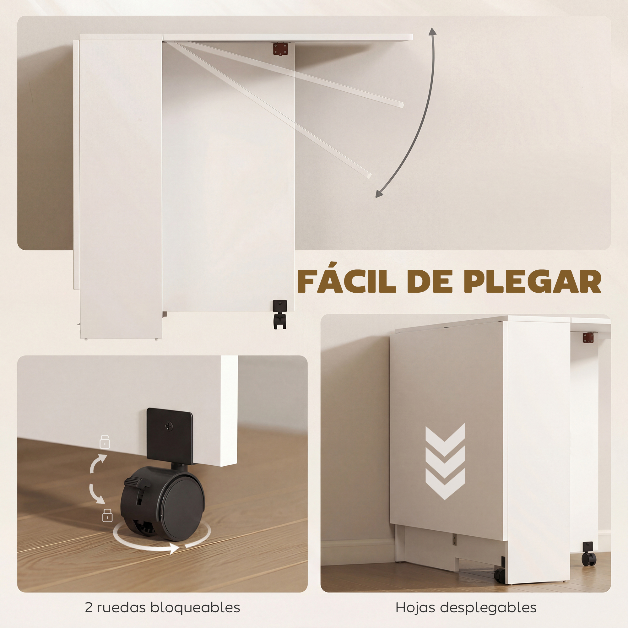 Se muestra una mesa plegable blanca con ruedas y mecanismo de plegado.