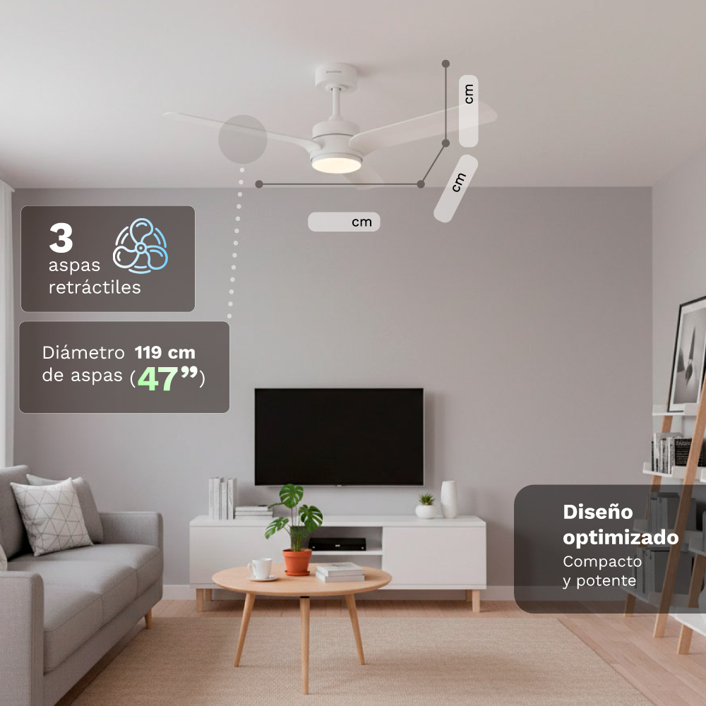 Ventilatore da soffitto bianco con 3 pale retrattili sopra una TV.
