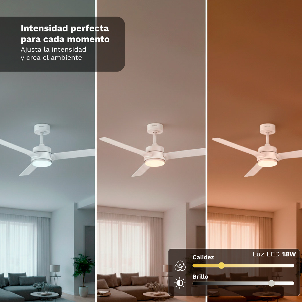 Ventilatore da soffitto con luce in tre diversi livelli di luminosità e temperature colore.