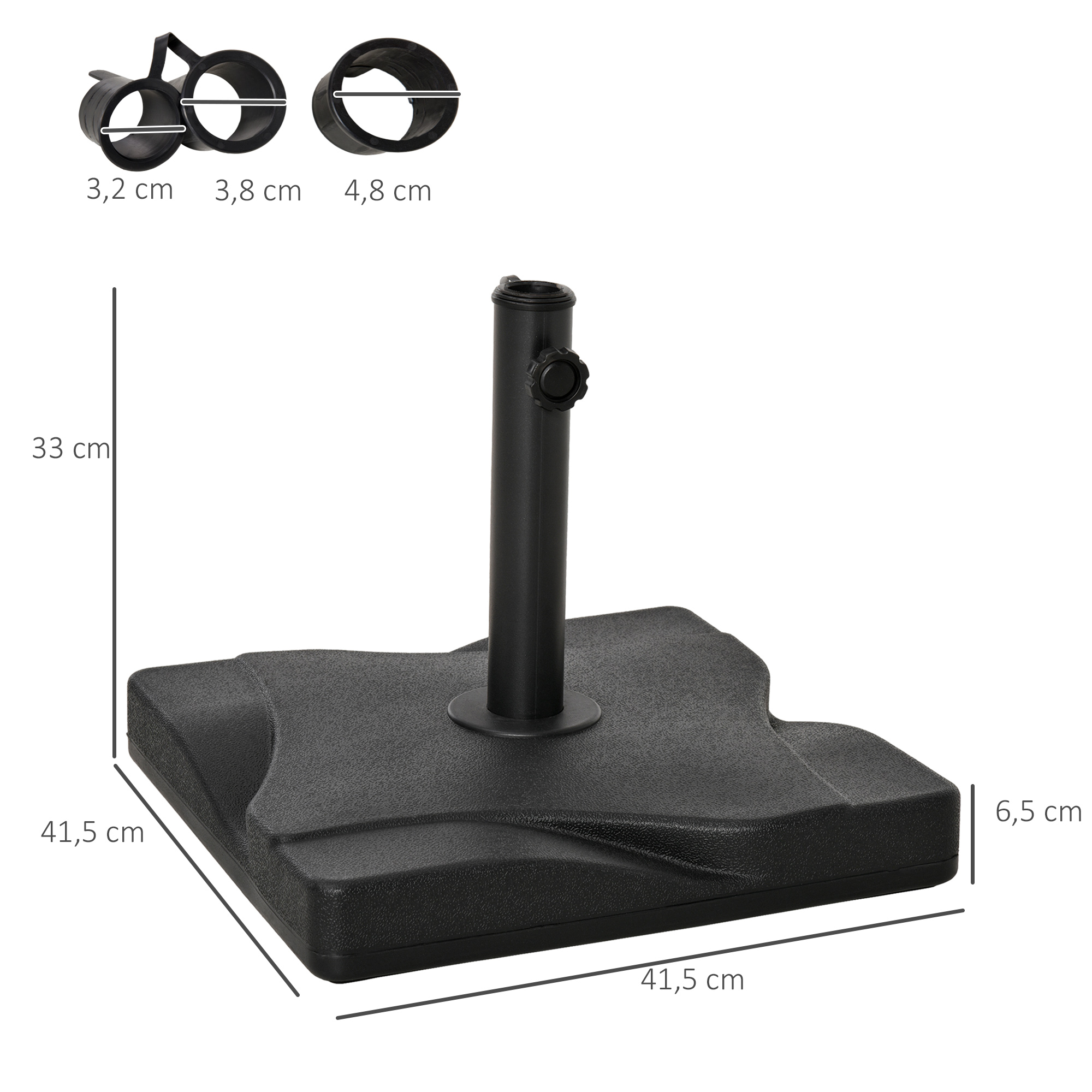 Base para sombrilla negra (41,5x41,5x6,5 cm) con poste (33 cm) y adaptadores.