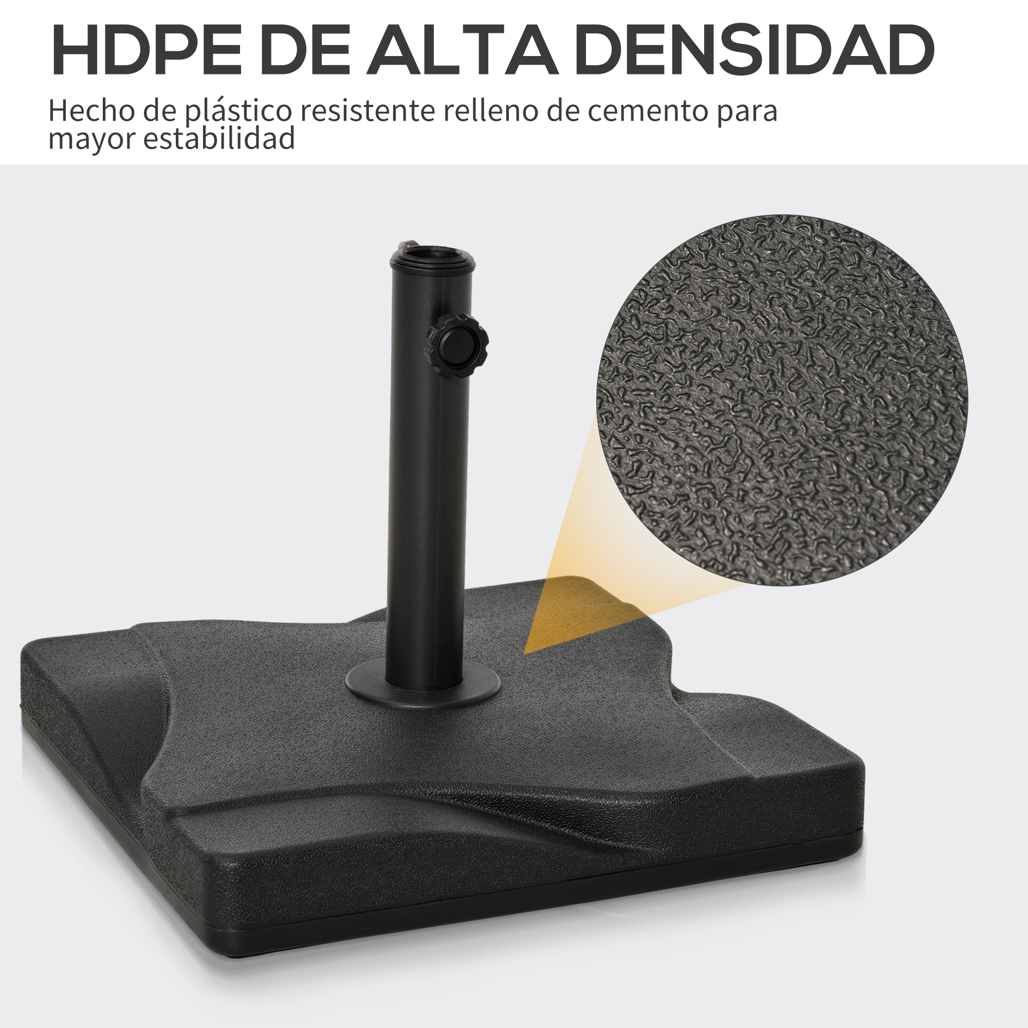 Base de soporte para sombrilla de HDPE negro con relleno de cemento y poste.