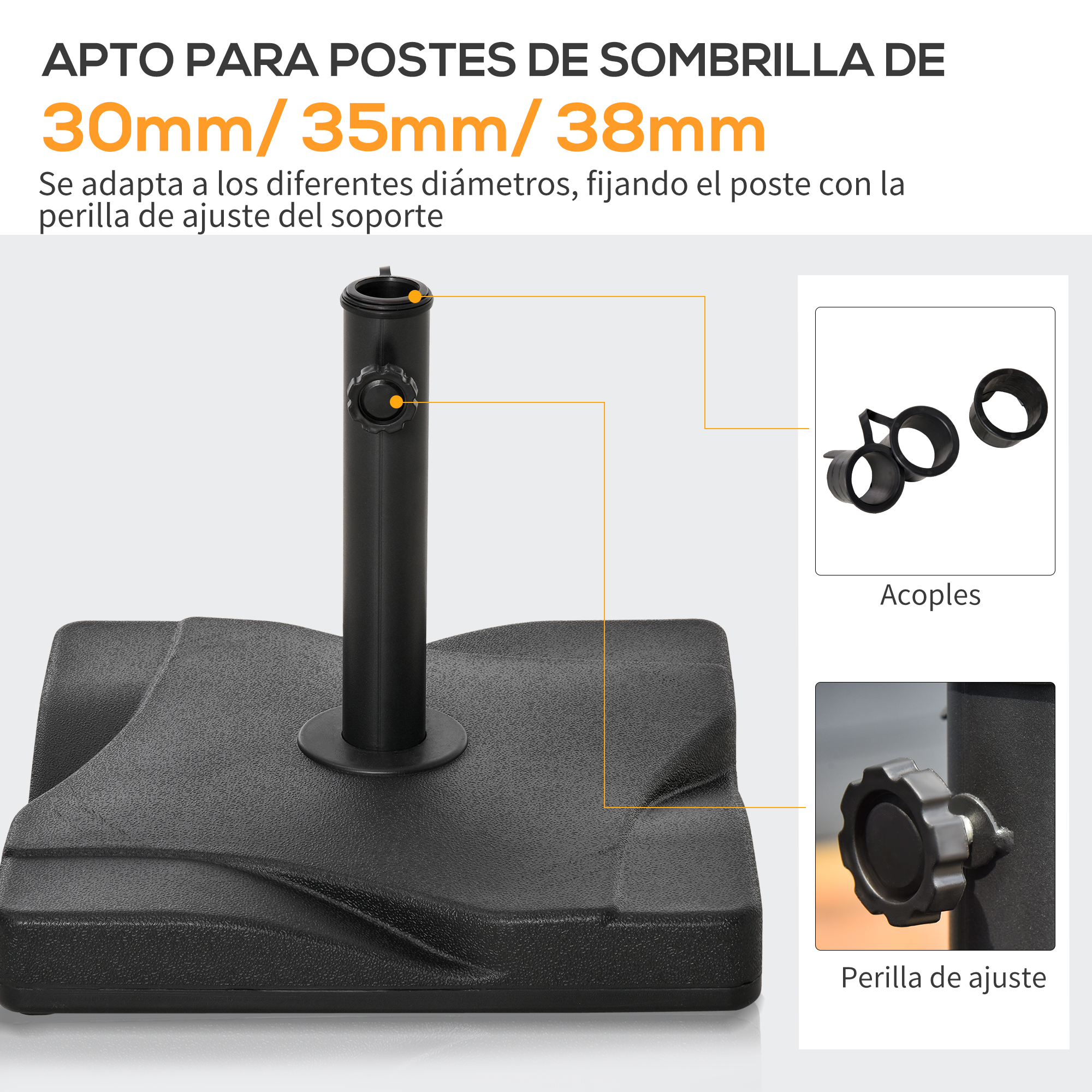 Base negra para sombrilla con pomo ajustable y adaptadores.