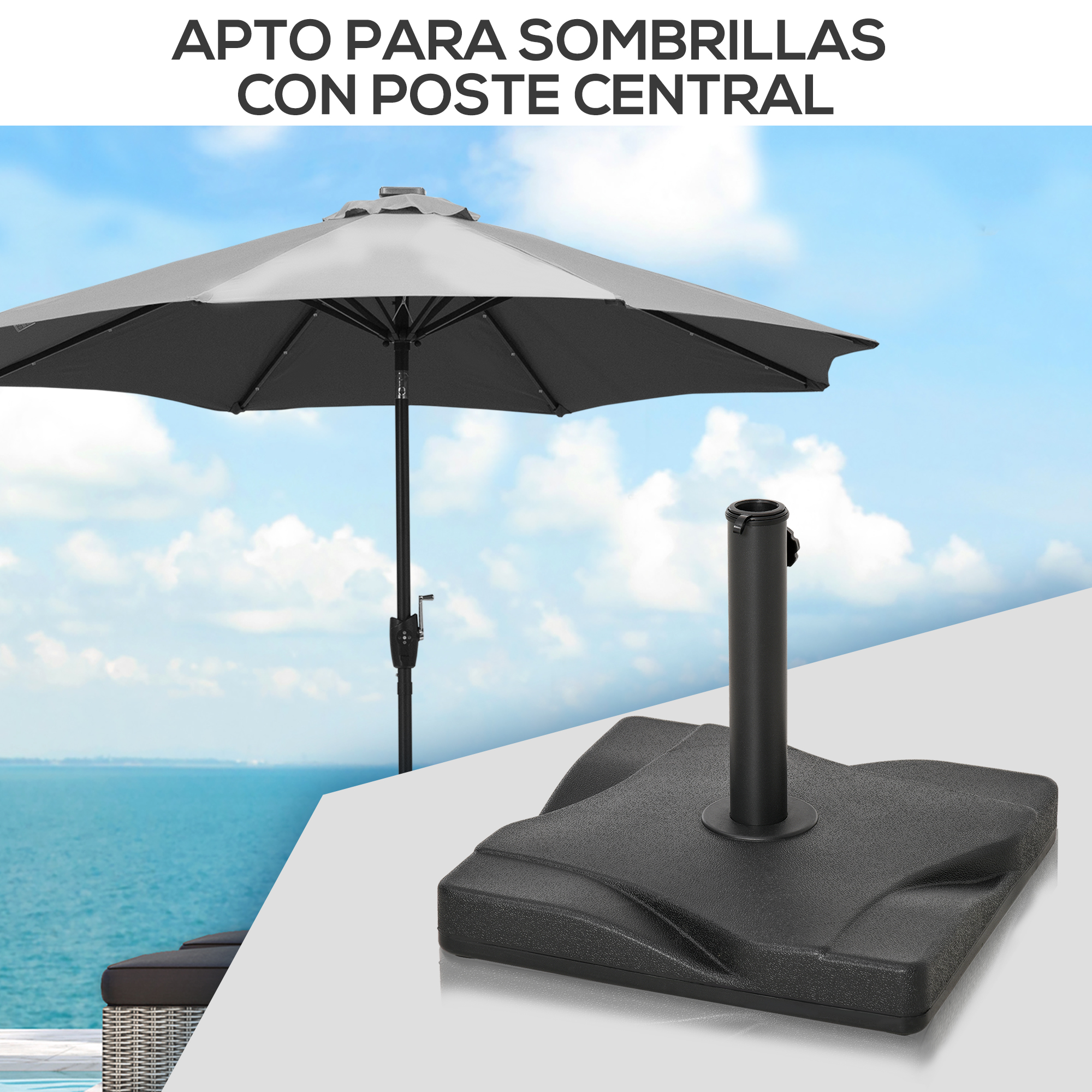 Un paraguas gris con base negra en una piscina con vista al mar.