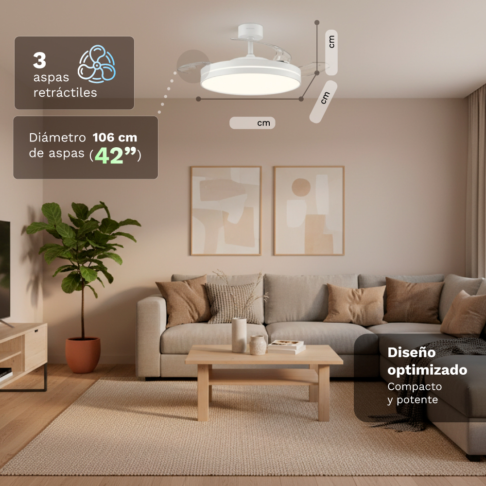 Sala de estar moderna con ventilador de techo retráctil blanco y luz, sofá, mesa café.