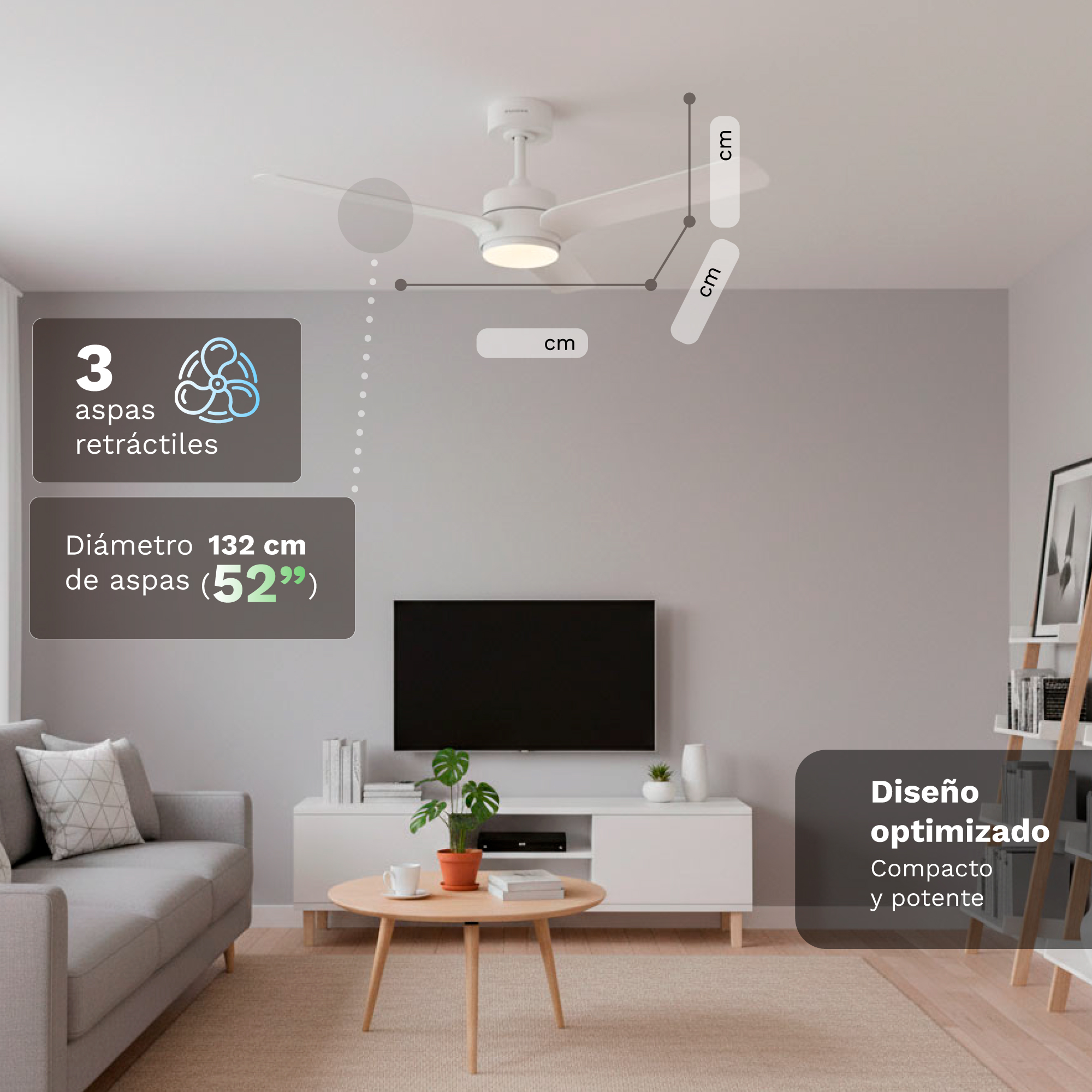 Ventilatore da soffitto con 3 pale retrattili, diametro 132 cm, in soggiorno.