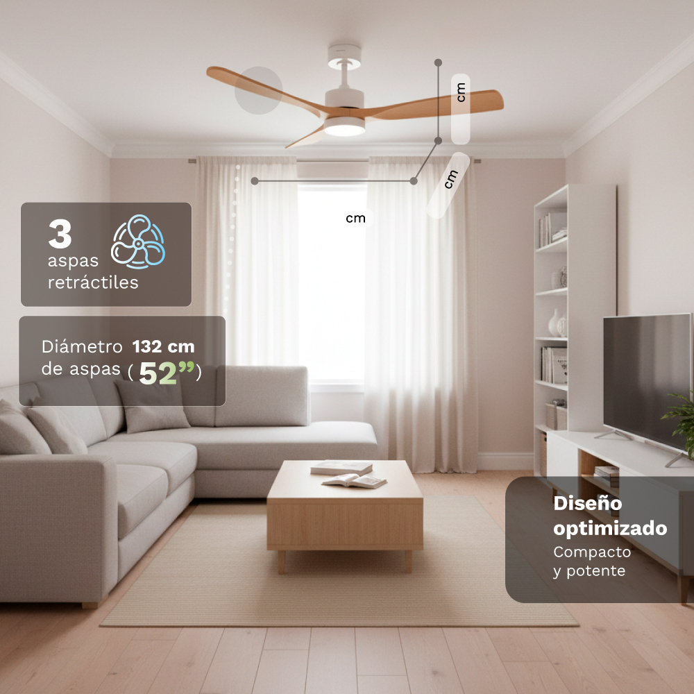 Un salón con ventilador de techo, sofá, mesa de centro y estantería.