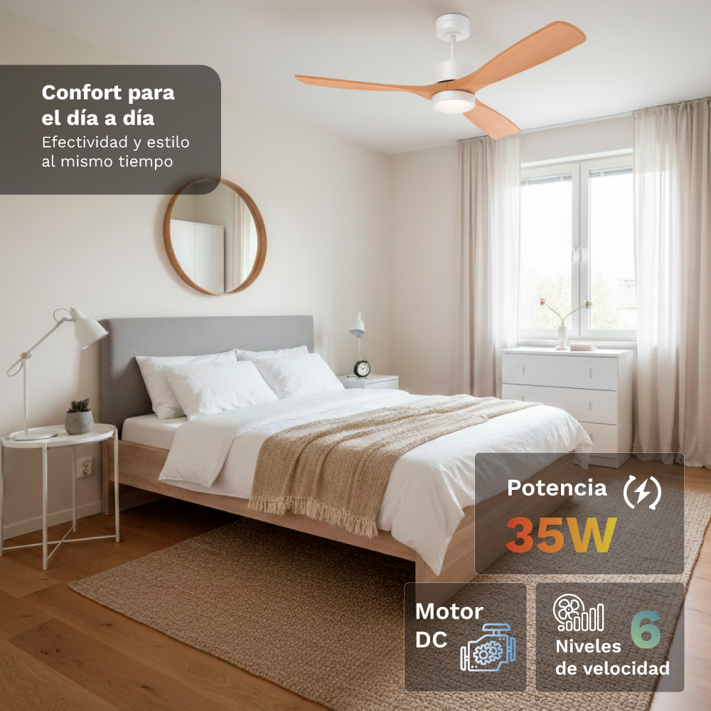 Un dormitorio con ventilador de techo sobre una cama, espejo y ventana.