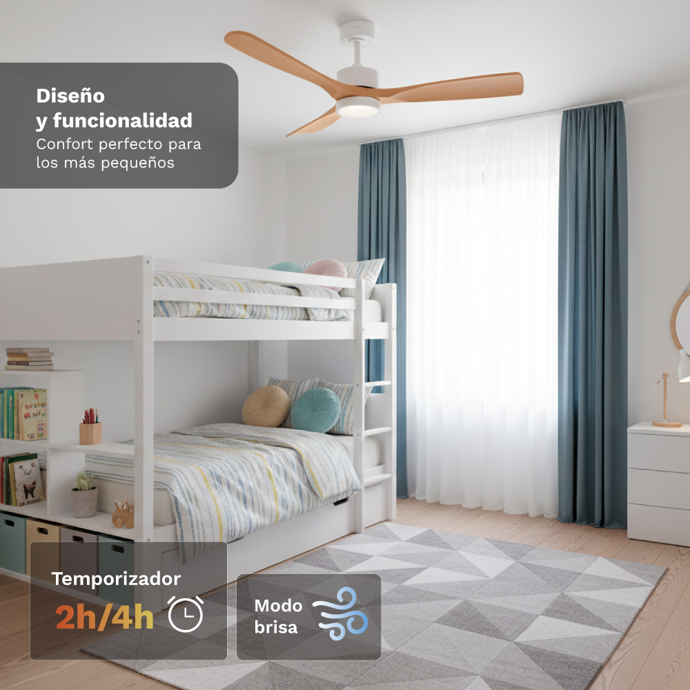 Habitación infantil con litera, ventilador de techo y cortinas.