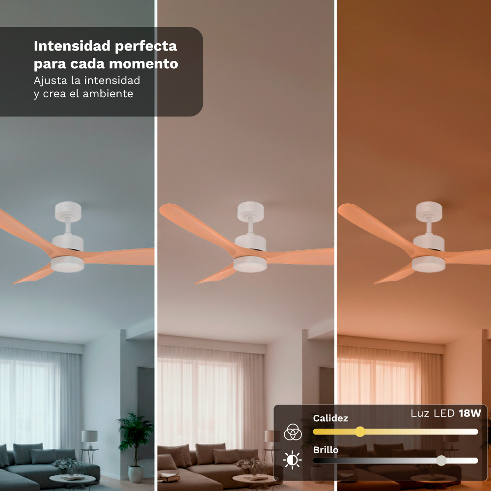 Ventilador de techo con aspas naranjas en diferentes ambientes de luz.