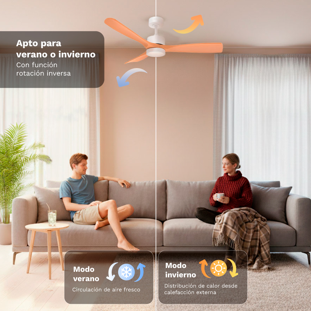Ventilador de techo con aspas naranjas en salón, dos modos explicados.