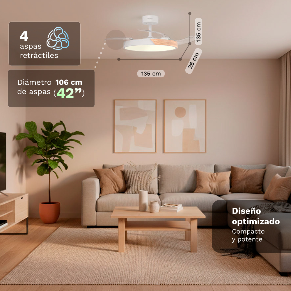 Ventilador de techo con 4 aspas retráctiles, 106cm diámetro, blanco y madera.