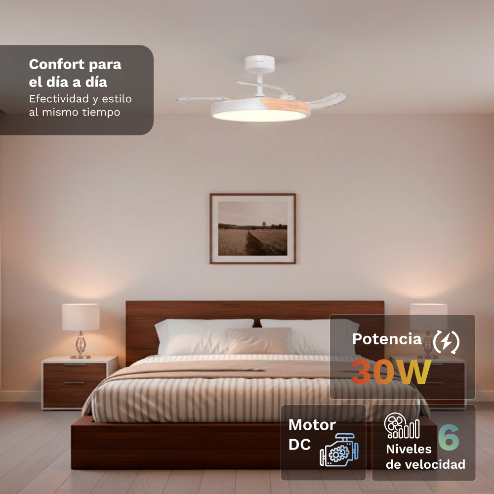 Un dormitorio moderno con ventilador de techo, cama y mesitas de noche.